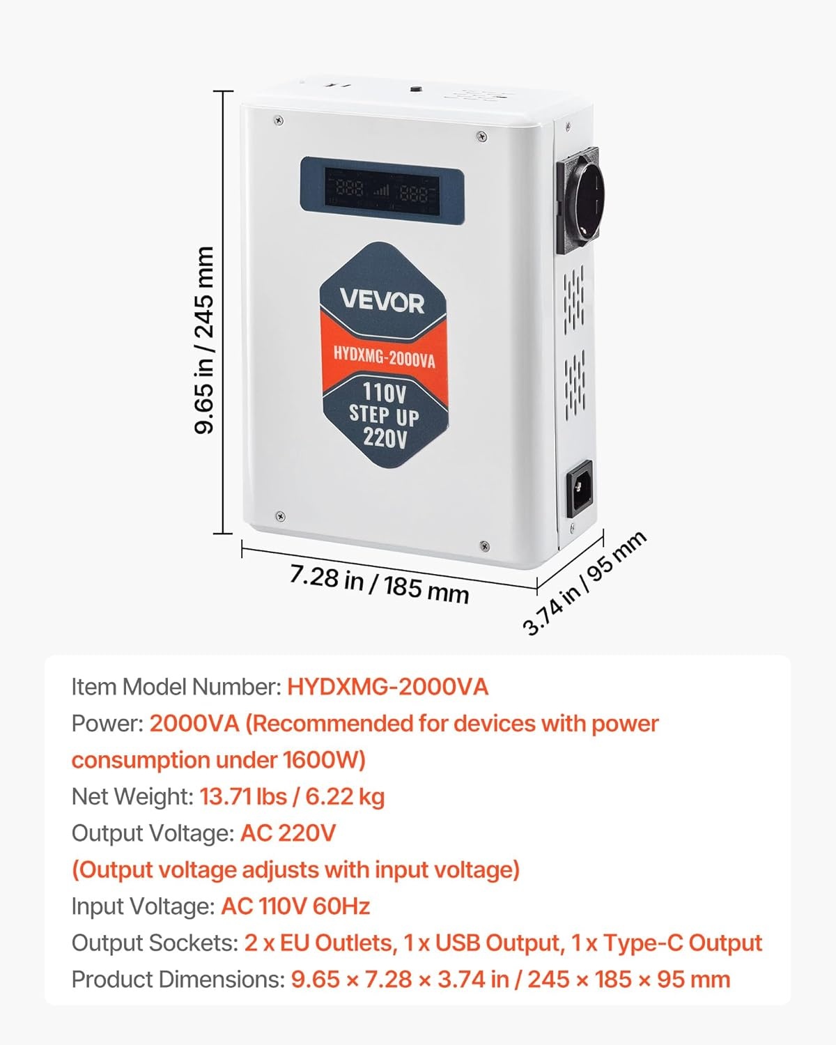 Krachtige Spanningsomvormer 110V naar 220V, 2000VA, met USB, Type-C, LCD