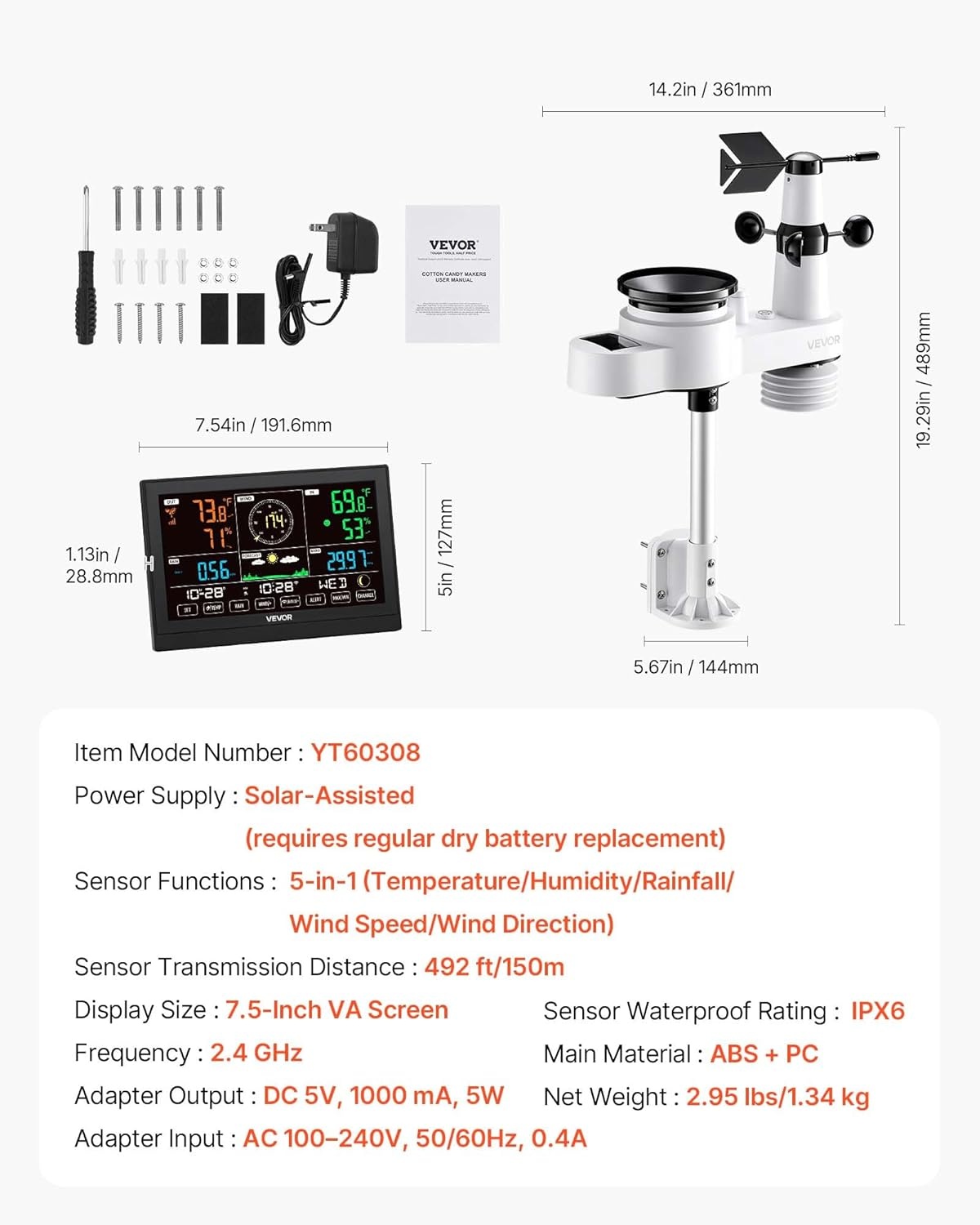 Weerstation 5-in-1 | 7,5" VA Display | Wi-Fi | Zwart