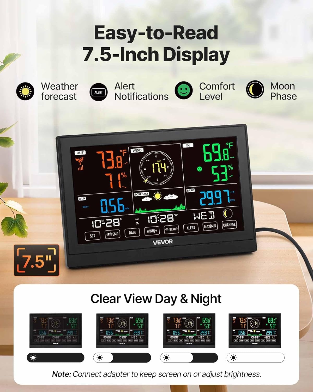 5-in-1 Draadloos Wi-Fi Weerstation met Prognose | 7,5-inch VA Display Zwart