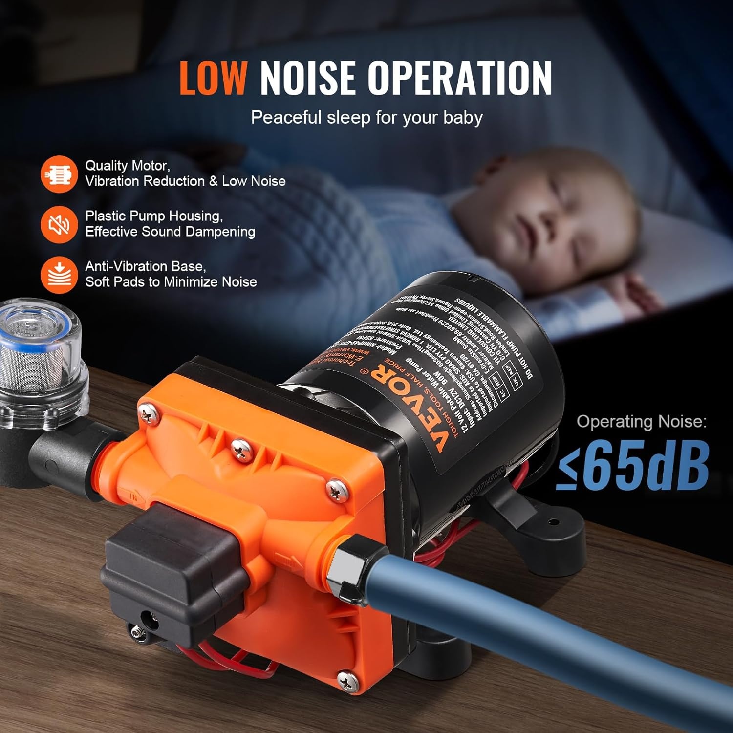 VEVOR Nautica Membraanpomp, 12 V, 3 GPM, 11,36 l/min, 4-kamer-waterpomp, 12 volt DC met automatische drukschakelaar, 40-100 psi, 55 psi, MNPT-aansluiting voor camper, jacht, voedsel, truck, camper,
