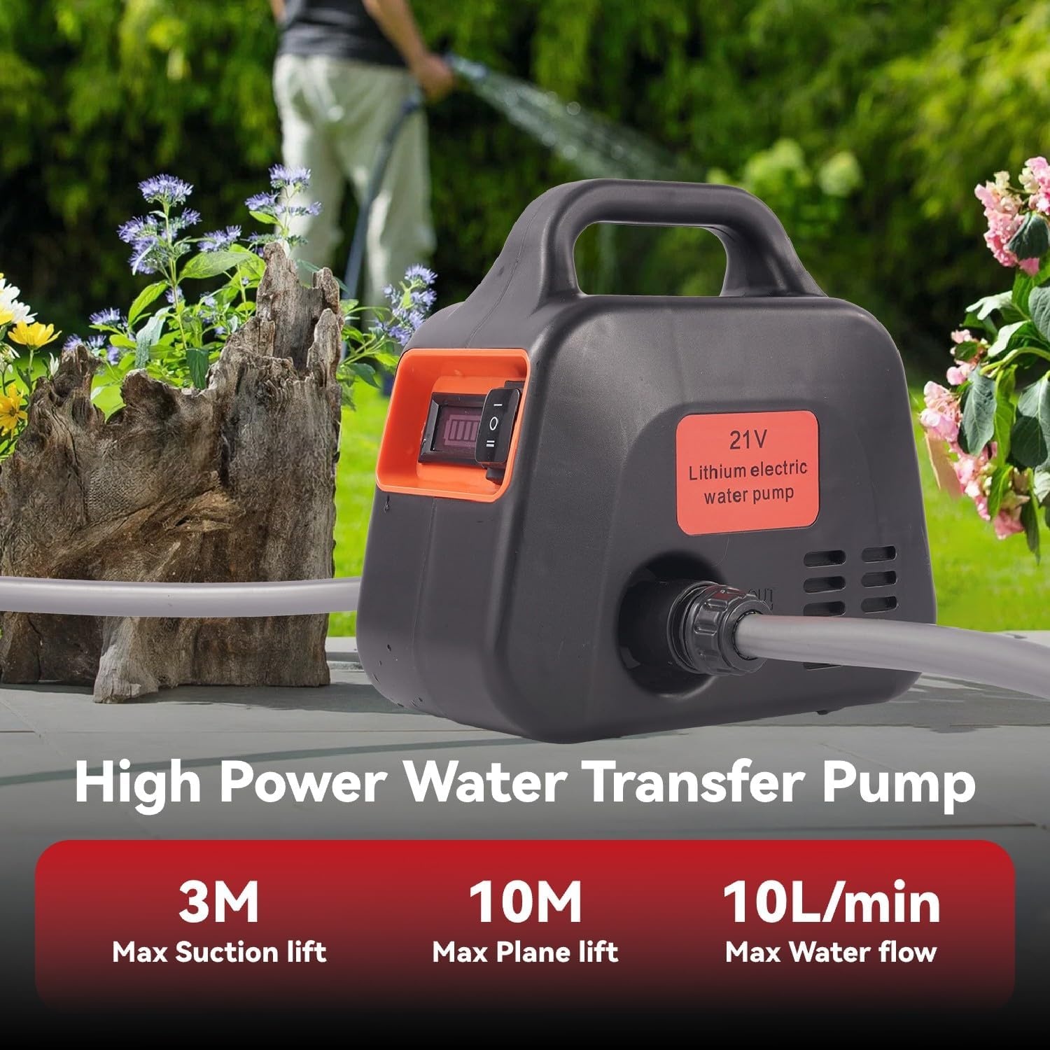 ONEVAN Accu Waterpomp 600L/u, Elektrische Tuinpomp met Vermogensindicator en 2 Accu's (Zwart, Klein)