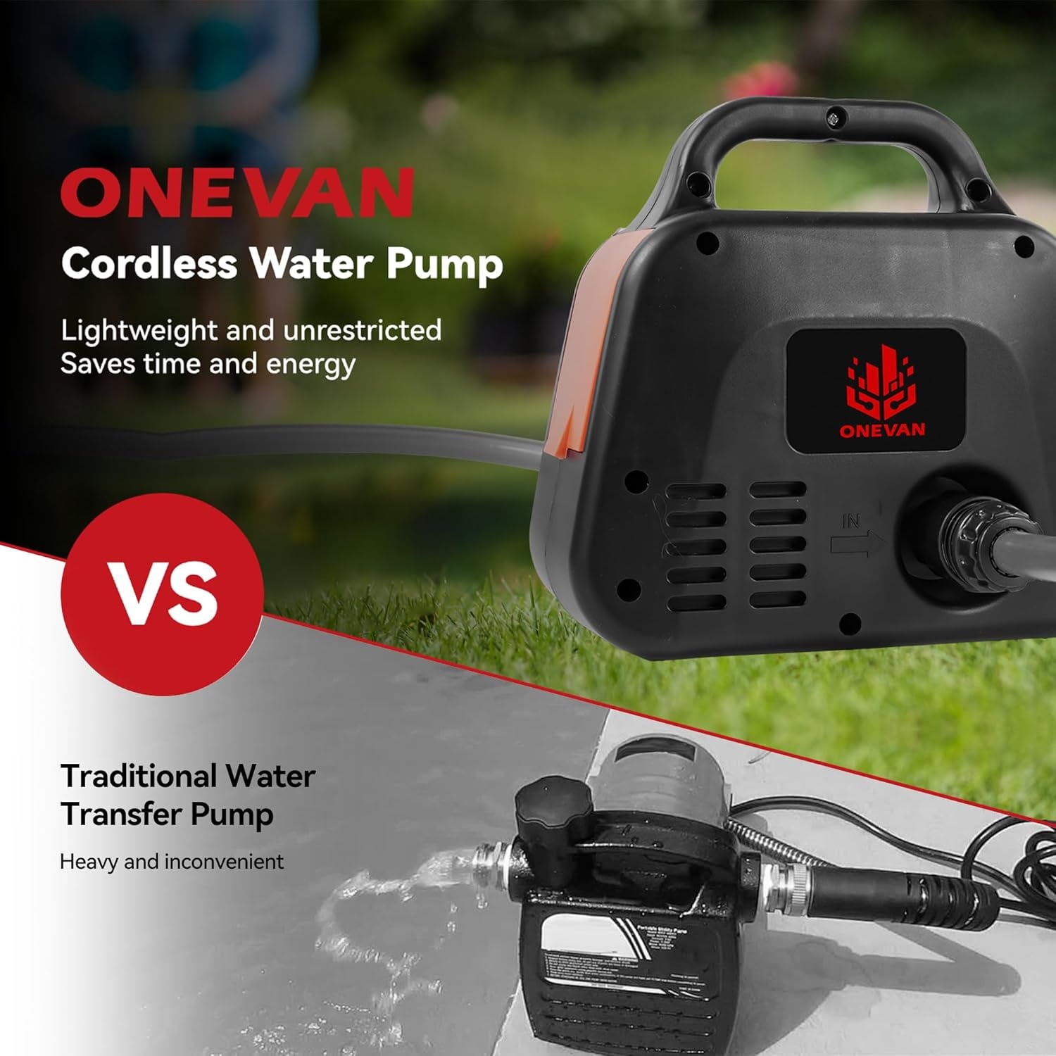 ONEVAN Accu Waterpomp 600L/u, Elektrische Tuinpomp met Vermogensindicator en 2 Accu's (Zwart, Klein)