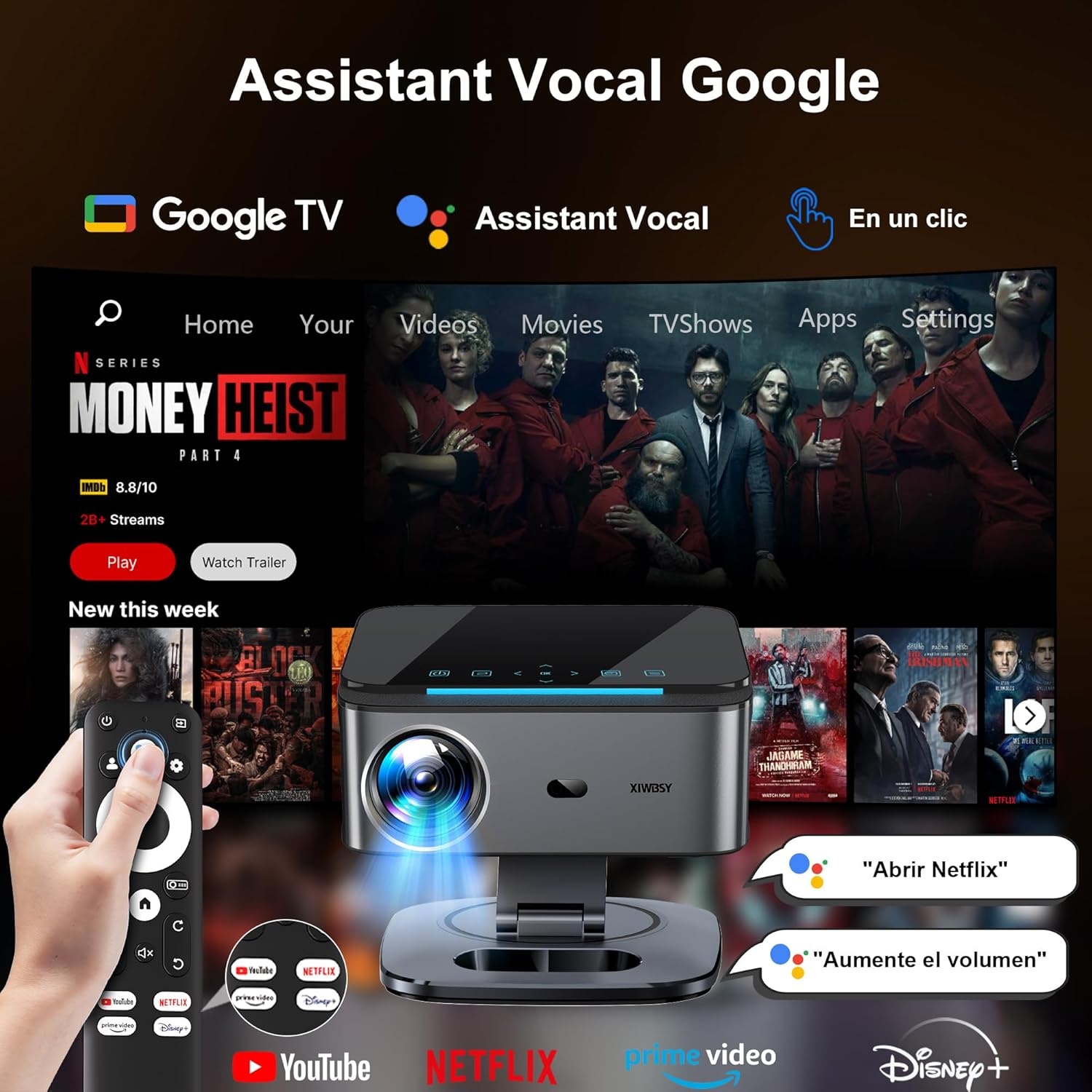1500 ANSI / Google TV / Auto Focus: XIWBSY draagbare projector 38000 lumen, 360° draaibaar, wifi 6, Bluetooth 5.3, spraakbediening, ondersteuning 4K 1080P, videoprojectoren voor thuisbioscoop/outdoor