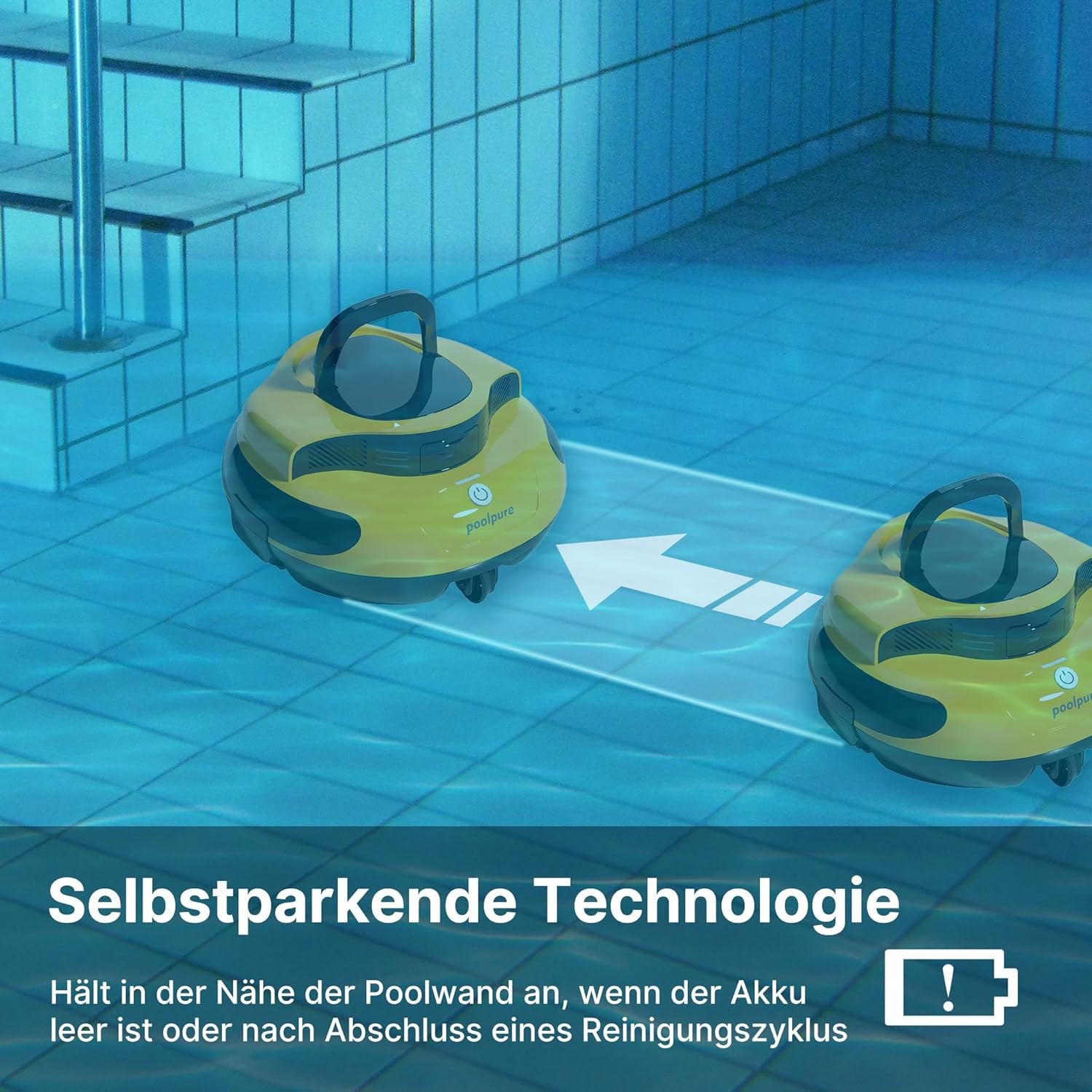 POOLPURE Zwembadrobot, 55 Wh-120 minuten reinigingstijd, dubbele motor, led-indicatoren, zelfparkeerfunctie, IPX8 waterdicht, draadloze zwembadstofzuiger accu, geel