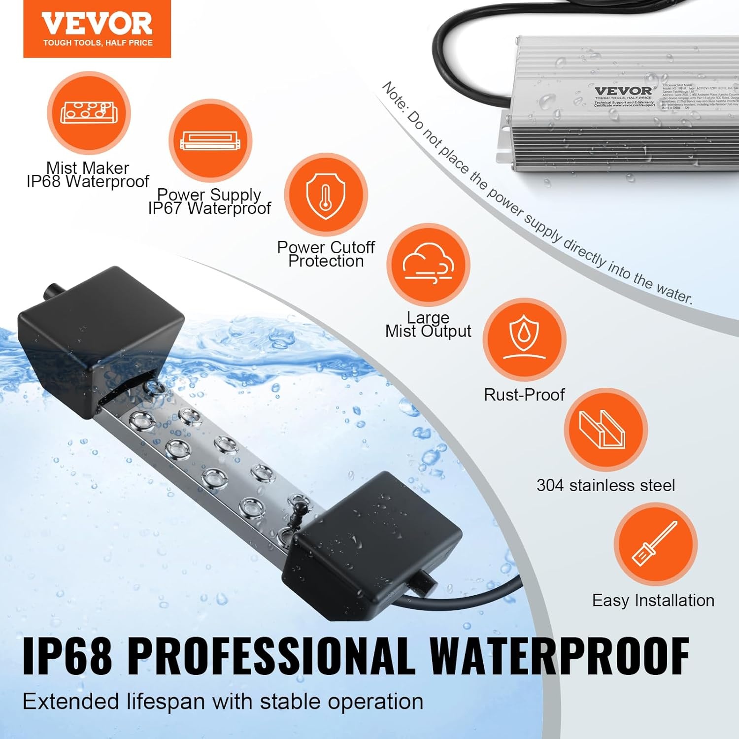 VEVOR 10 koppen ultrasone verstuiver, 7000 ml/h, IP67 waterdichte mistfabrikant met 280 W voeding, boei, reserveschijven, voor vijver, tuin, rotstuin, kas, Halloween-decoratie