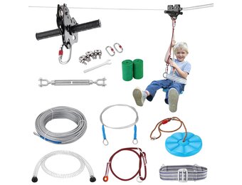 VEVOR Zipline Kit voor kinderen en volwassenen, 80ft Zip Line Kits tot 500 lbs, achtertuin buiten snelle installatie tokkelbaan, speeltuin entertainment met roestvrijstalen tokkelbaan, veerrem,