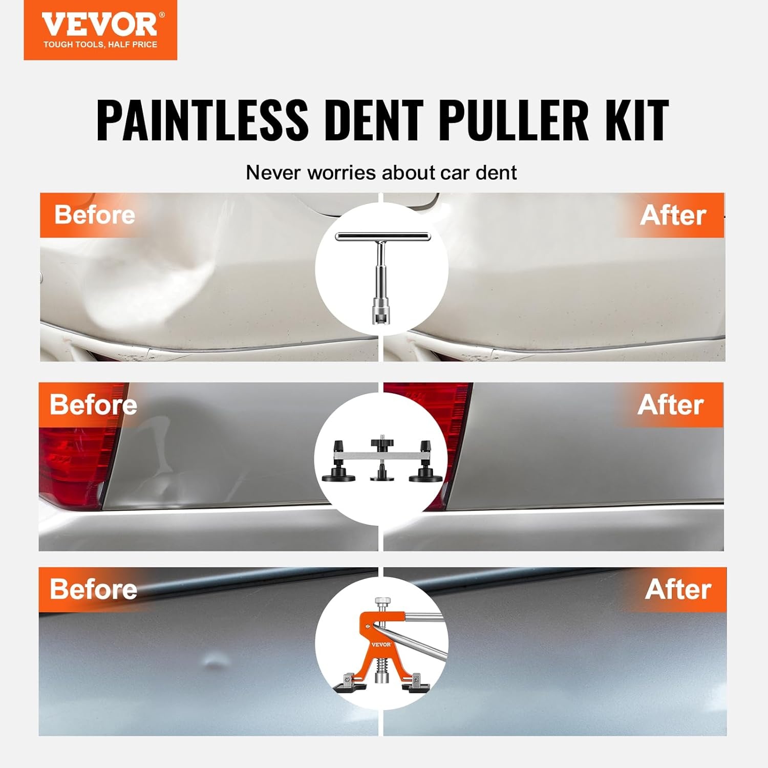 VEVOR 107-delige reparatieset voor deuken zonder verf, met goudkleurige lifter, brugtrekker, glijhamer, zuignap, stoomreiniger voor auto's