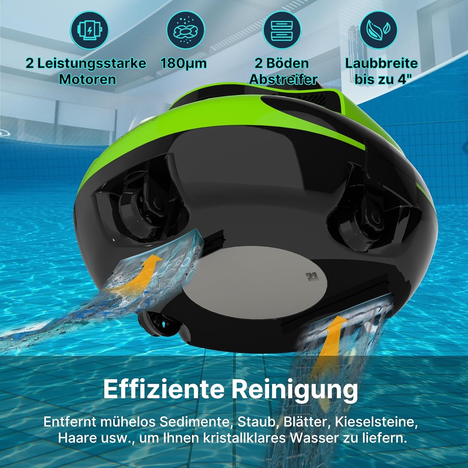 POOLPURE Zwembadrobot, 100 Min. Krachtige Reiniging, Dubbele Motor, IPX8 Waterdicht, Snoerloos met Batterij, Zwart/Blauw
