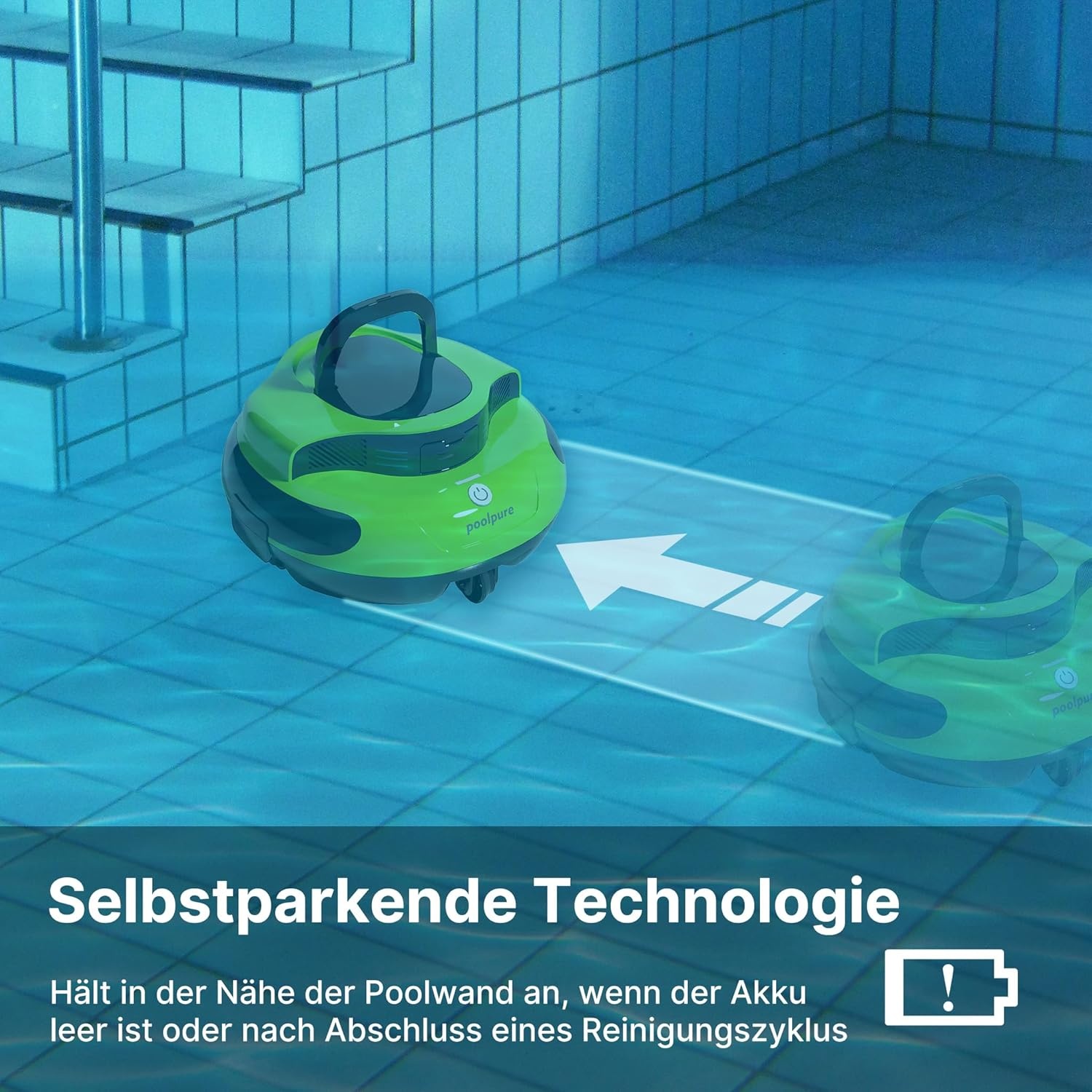 POOLPURE Zwembadrobot, 100 Min. Krachtige Reiniging, Dubbele Motor, IPX8 Waterdicht, Snoerloos met Batterij, Zwart/Blauw