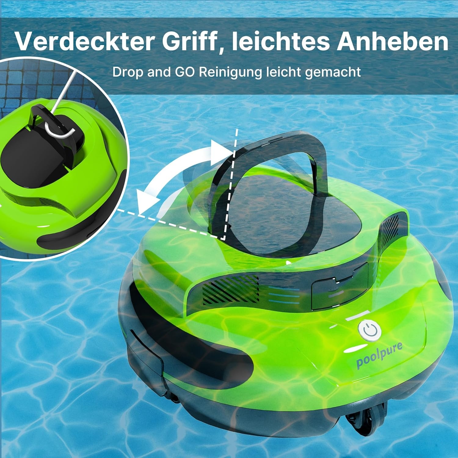 POOLPURE Zwembadrobot, 100 Min. Krachtige Reiniging, Dubbele Motor, IPX8 Waterdicht, Snoerloos met Batterij, Zwart/Blauw