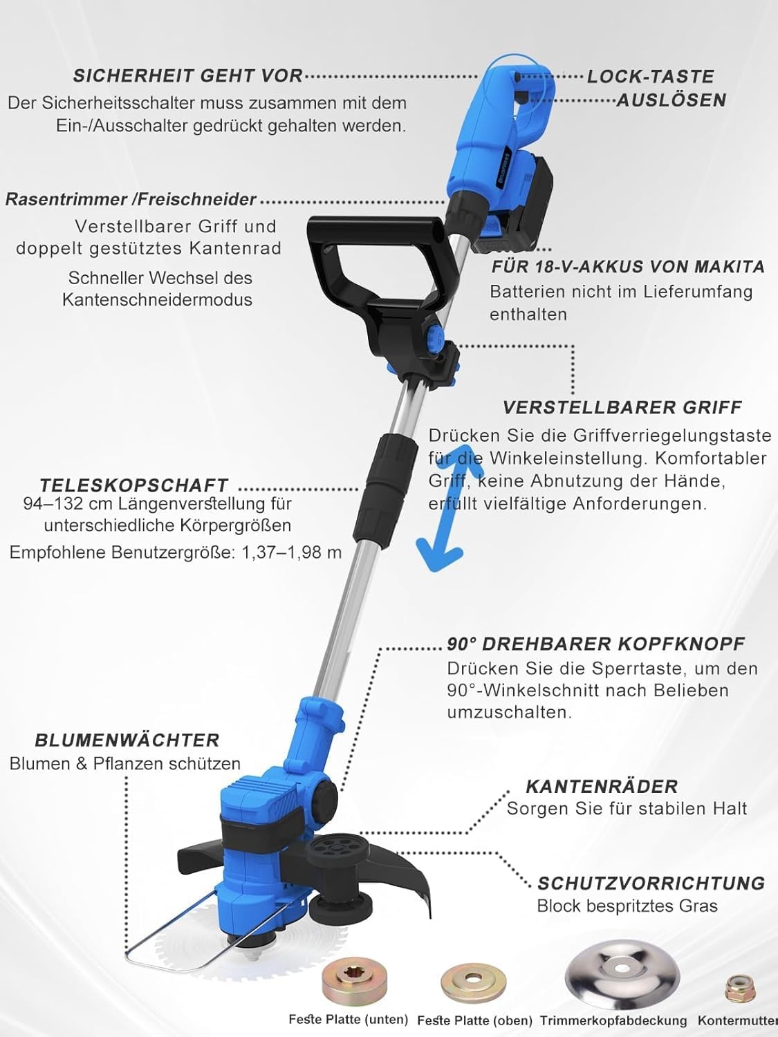 Accu-grastrimmer voor Makita-accu's met 5 soorten messen, borstelloze grastrimmer met onkruidborstel, 5-in-1 elektrische grastrimmer, 90 graden draaibare kop voor gazon en tuin