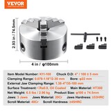 VEVOR 3-Jaw draaibank Chuck, 4", zelfcentrerende draaibank Chuck, 0,08-4 in/2-100 mm klembereik met T-sleutel bevestigingsschroeven omkeerbare kaken, voor draaibank 3D-printer bewerkingscentrum frezen