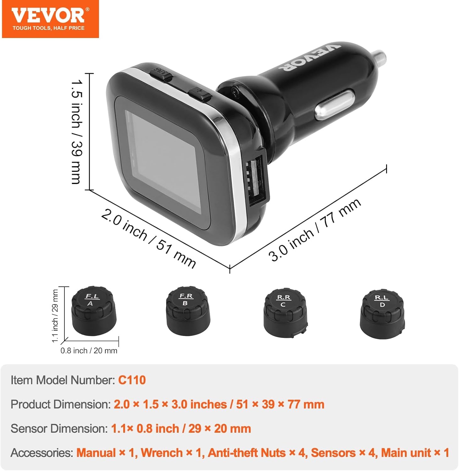 VEVOR TPMS Bandenspanningscontrolesysteem voor campers en aanhangers - 4 sensoren