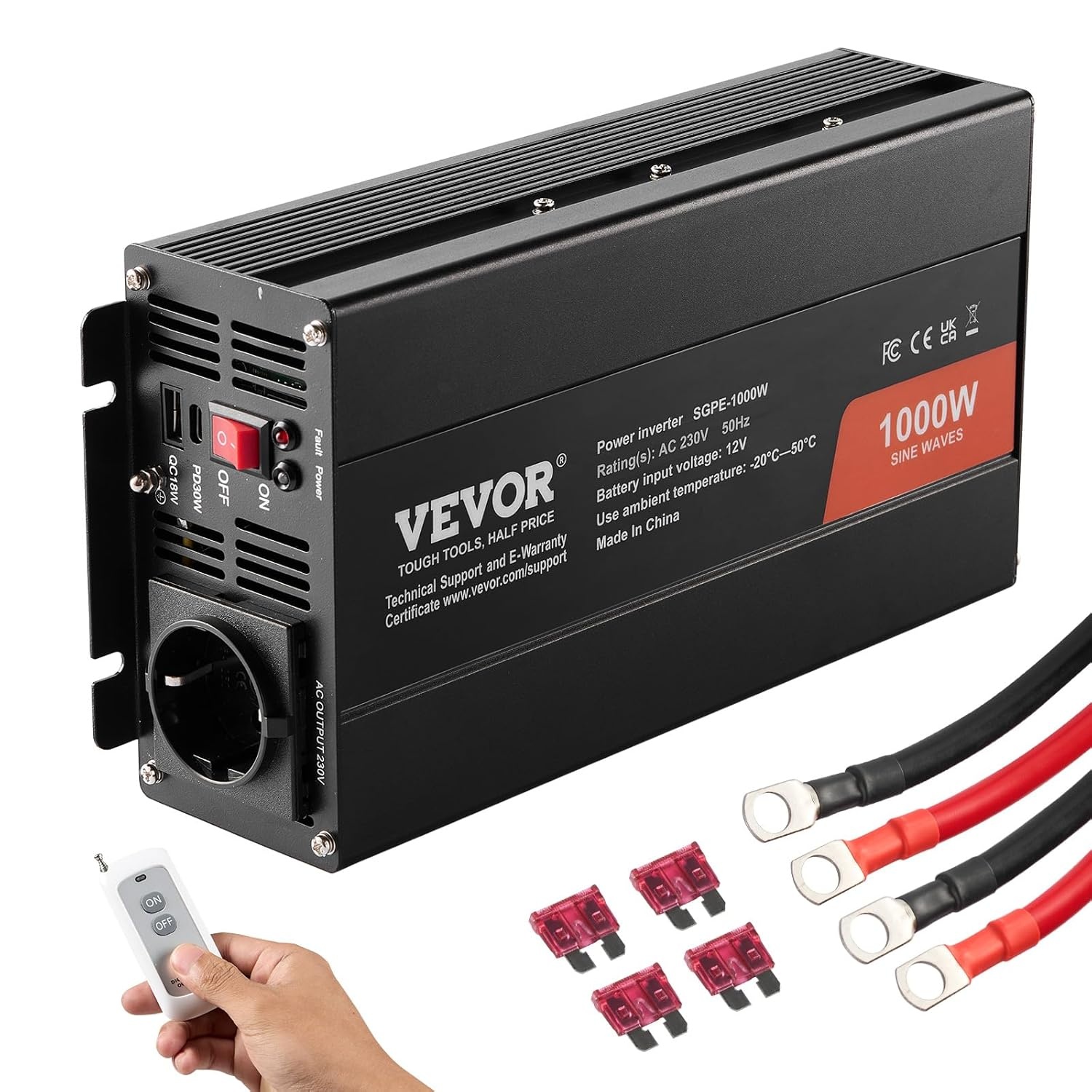 VEVOR Pure sinusgolf-vermogensomvormer, 1000 W DC 12 V naar AC 230 V afstandsbediening voor kleine huishoudelijke apparaten, smartphone, pc