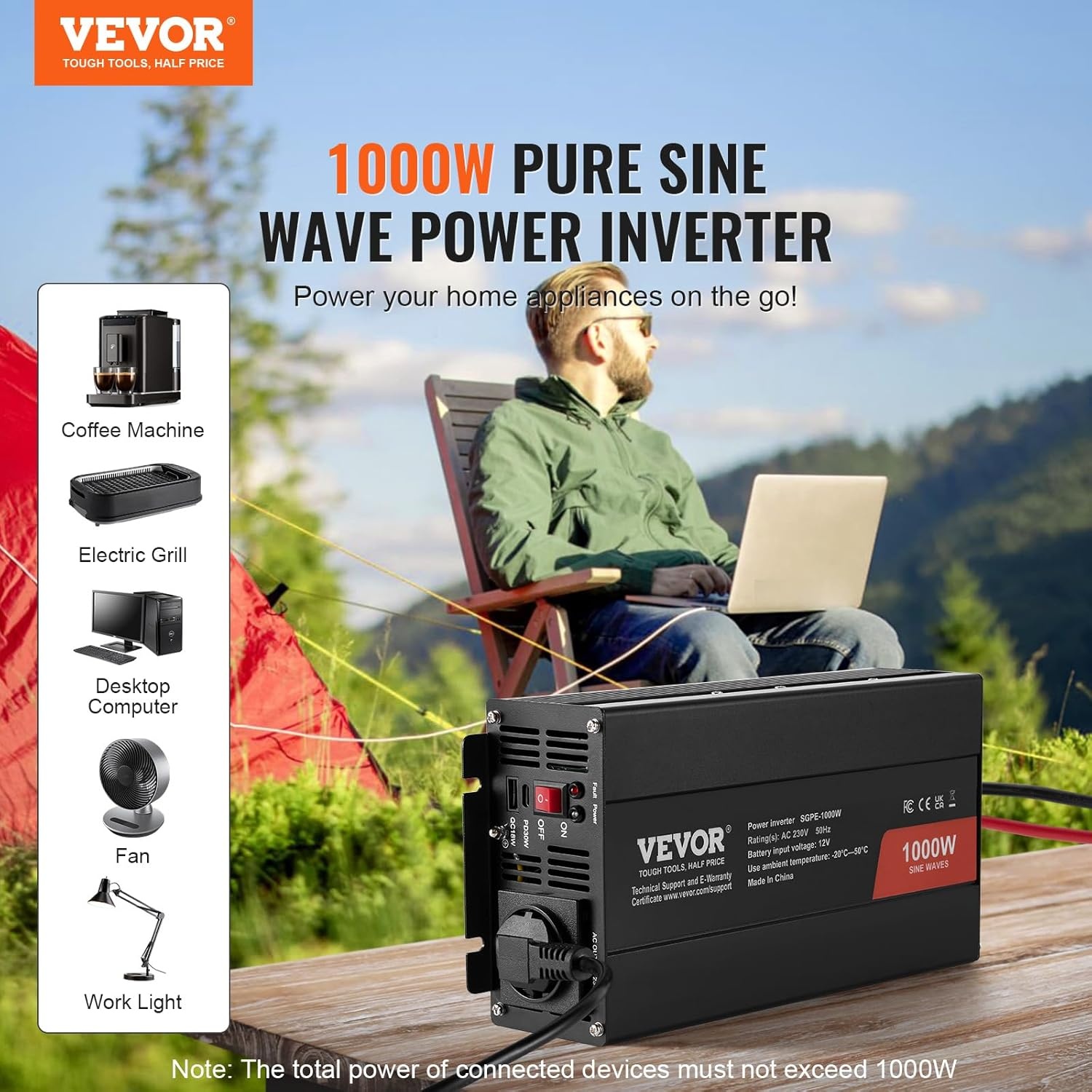 VEVOR Pure sinusgolf-vermogensomvormer, 1000 W DC 12 V naar AC 230 V afstandsbediening voor kleine huishoudelijke apparaten, smartphone, pc