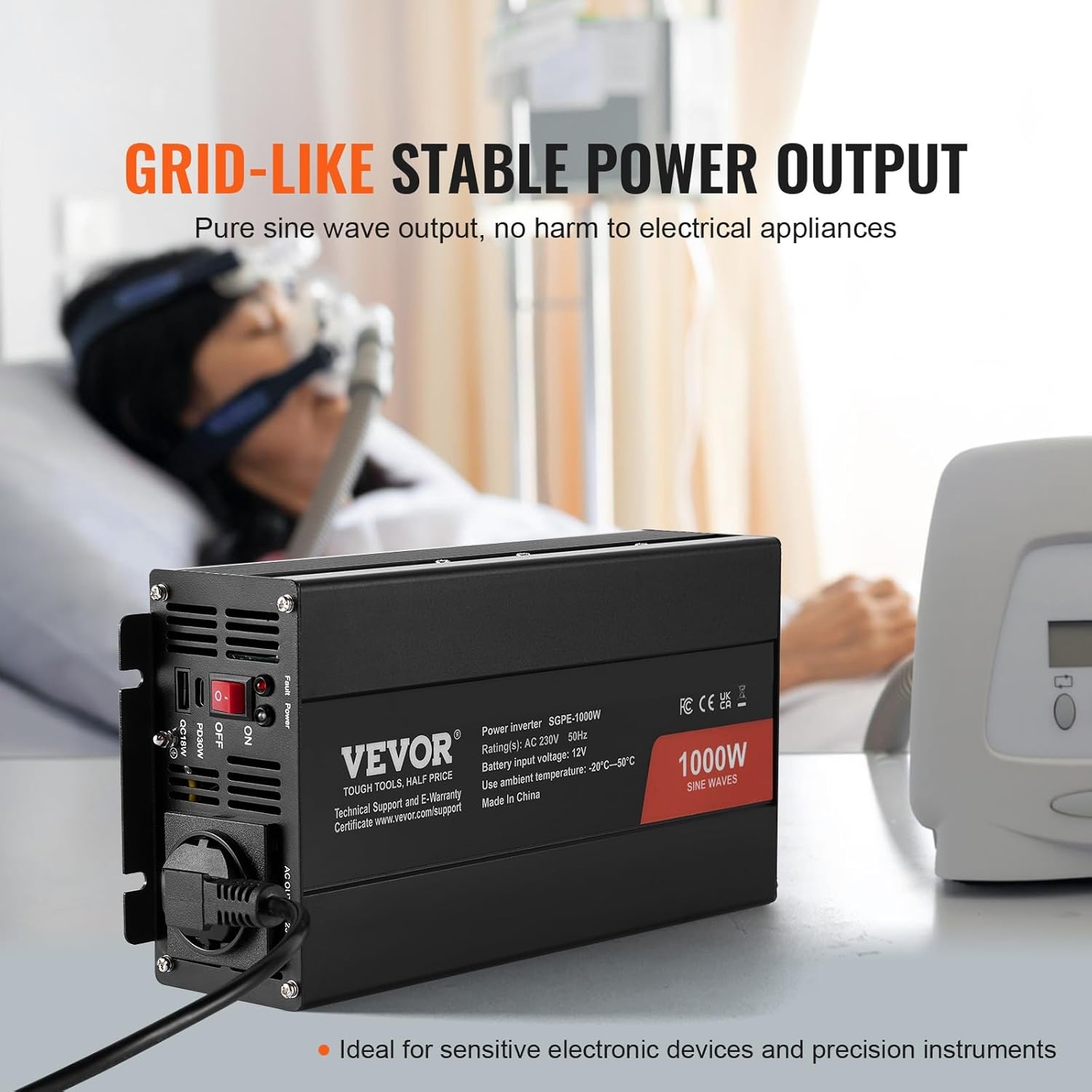 VEVOR Pure sinusgolf-vermogensomvormer, 1000 W DC 12 V naar AC 230 V afstandsbediening voor kleine huishoudelijke apparaten, smartphone, pc