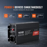VEVOR Pure sinusgolf-vermogensomvormer, 1000 W DC 12 V naar AC 230 V afstandsbediening voor kleine huishoudelijke apparaten, smartphone, pc