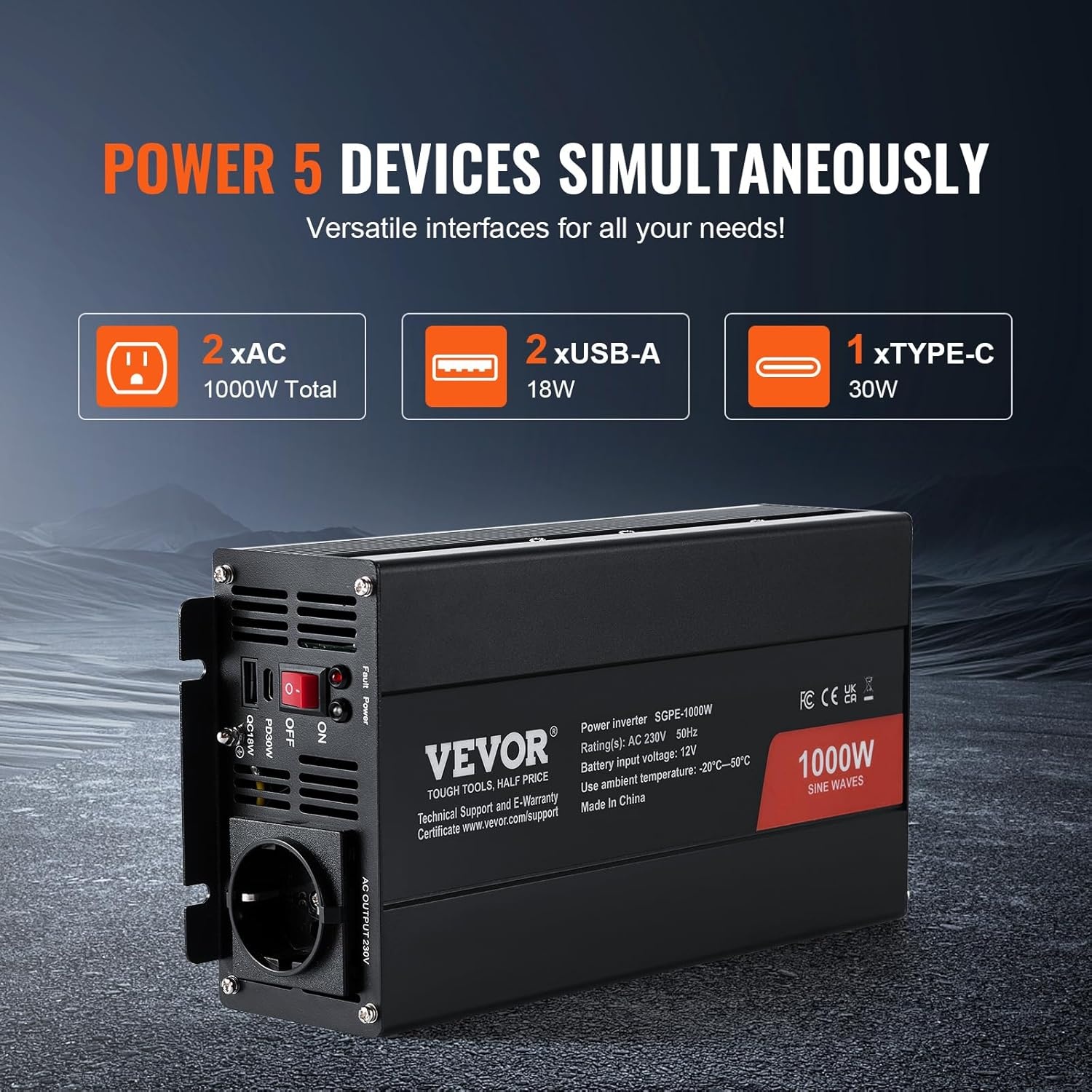 VEVOR Pure sinusgolf-vermogensomvormer, 1000 W DC 12 V naar AC 230 V afstandsbediening voor kleine huishoudelijke apparaten, smartphone, pc