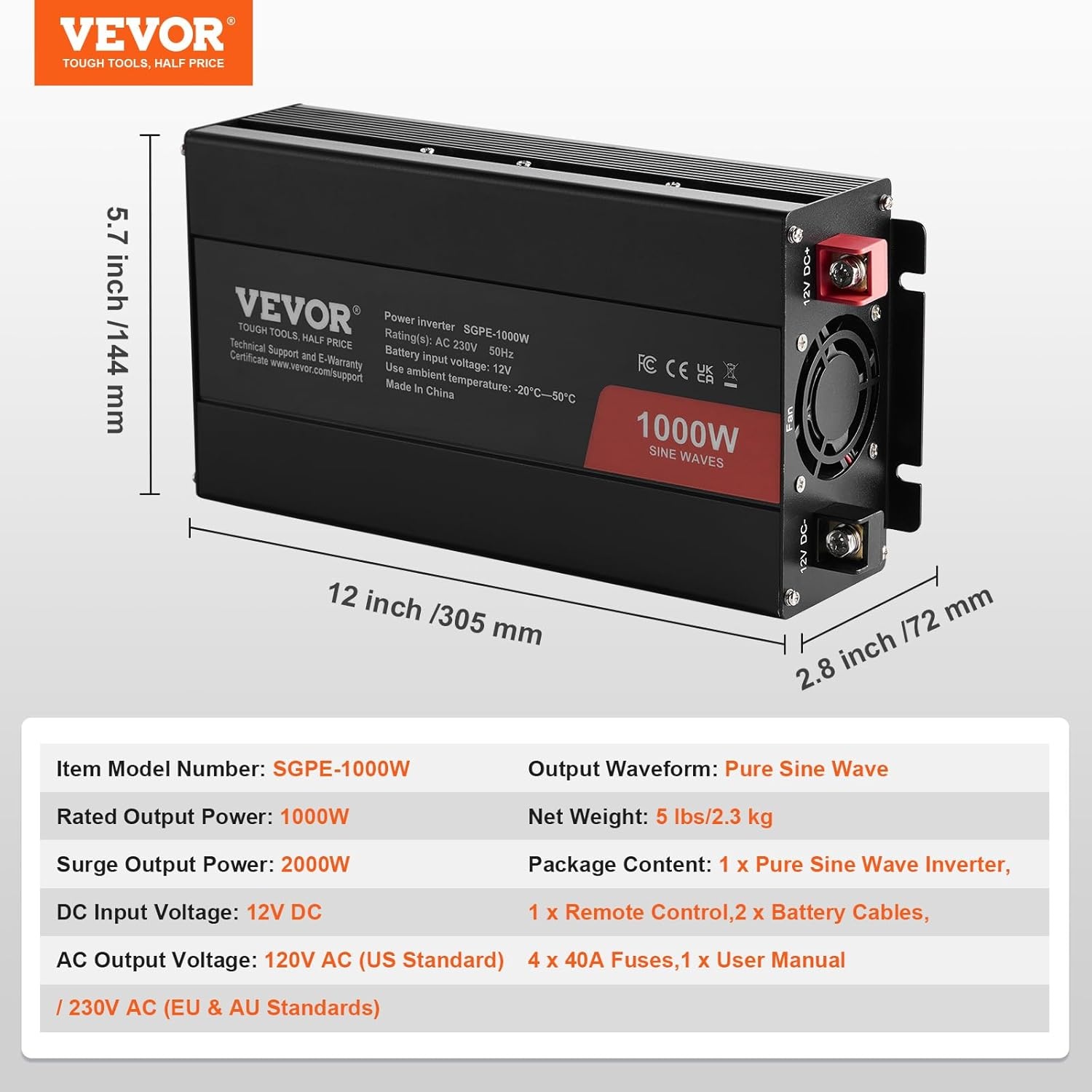 VEVOR Pure sinusgolf-vermogensomvormer, 1000 W DC 12 V naar AC 230 V afstandsbediening voor kleine huishoudelijke apparaten, smartphone, pc