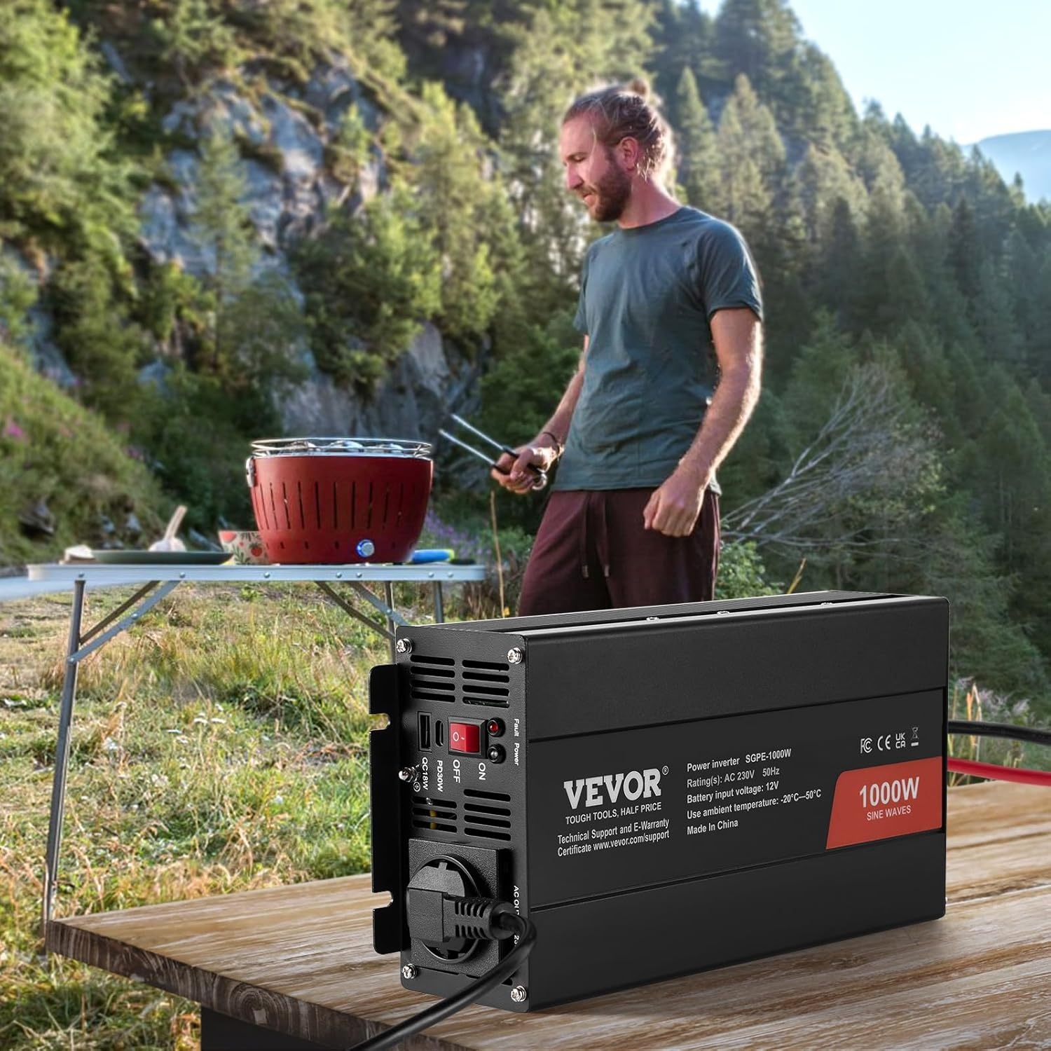 VEVOR Pure sinusgolf-vermogensomvormer, 1000 W DC 12 V naar AC 230 V afstandsbediening voor kleine huishoudelijke apparaten, smartphone, pc