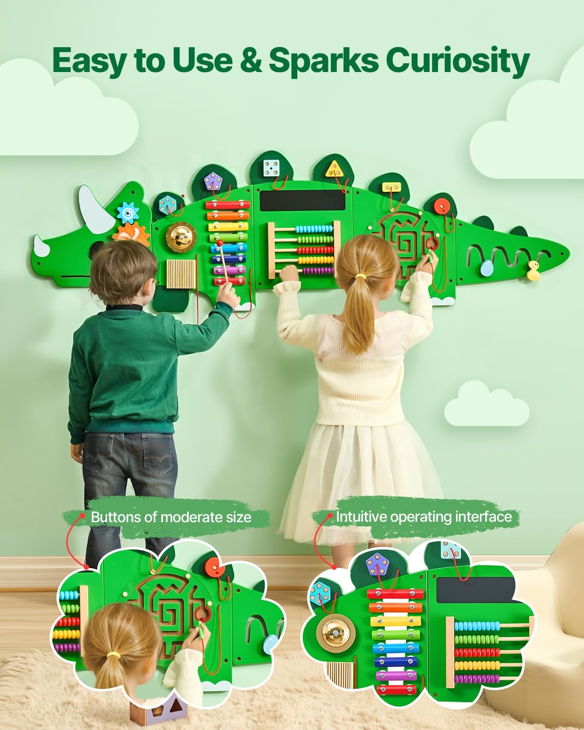 VEVOR Dinosaur Activity Wall Busy Board Panels, 11 Activities, Montessori Sensory Wall Toy for Kids 3-12 Years, Montessori Learning Activity Center, Ideal for Toddler Playroom Nursery Classroom