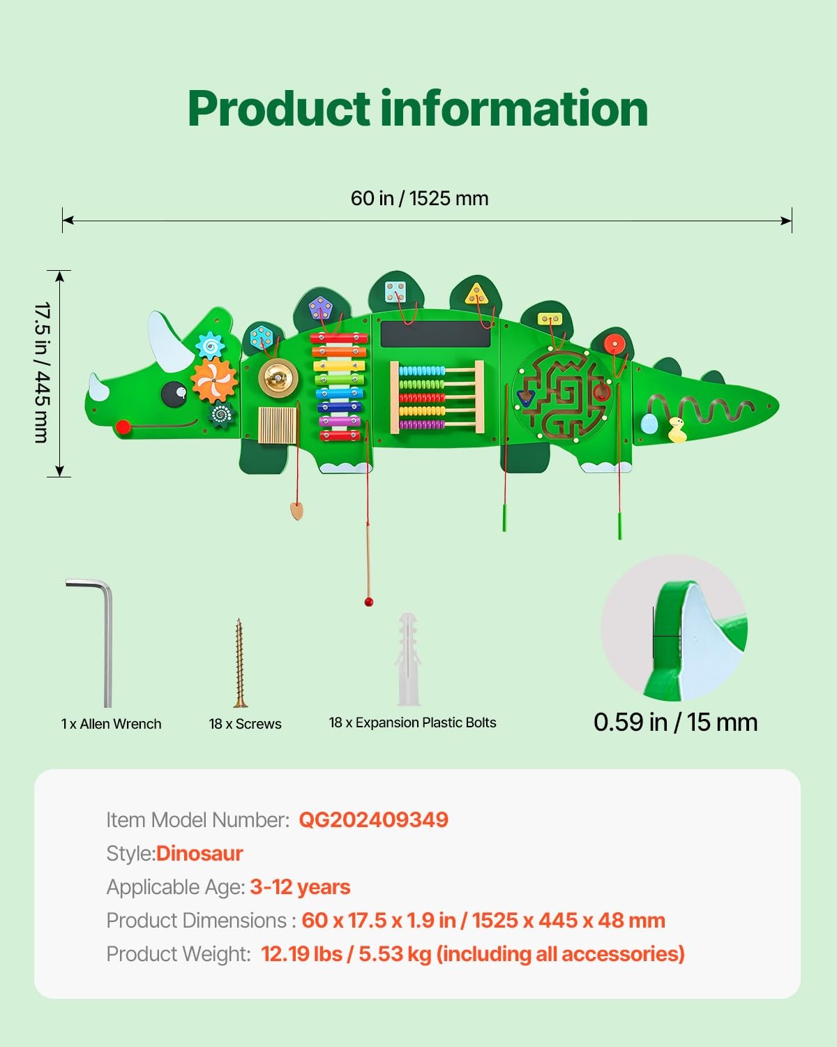VEVOR Dinosaur Activity Wall Busy Board Panels, 11 Activities, Montessori Sensory Wall Toy for Kids 3-12 Years, Montessori Learning Activity Center, Ideal for Toddler Playroom Nursery Classroom