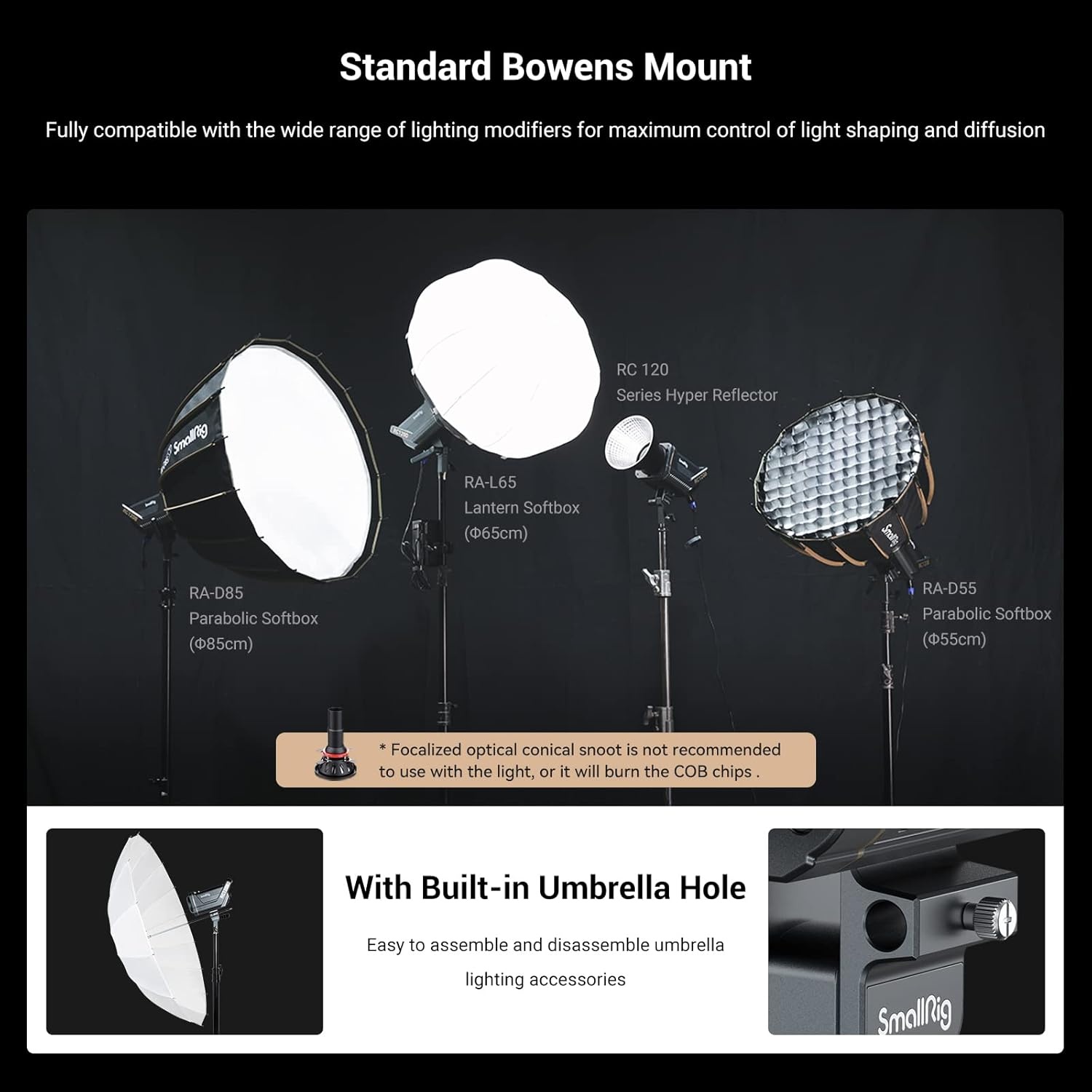 SMALLRIG RC120B 120W COB Bi-Color Video Light, 2700K-6500K 52800Lux Continuous Video Light met 9 Lichteffecten, CRI 95+ Bowens Montage Lamp met 2 Voedings Methoden SmallGoGo App Bediening - 3615