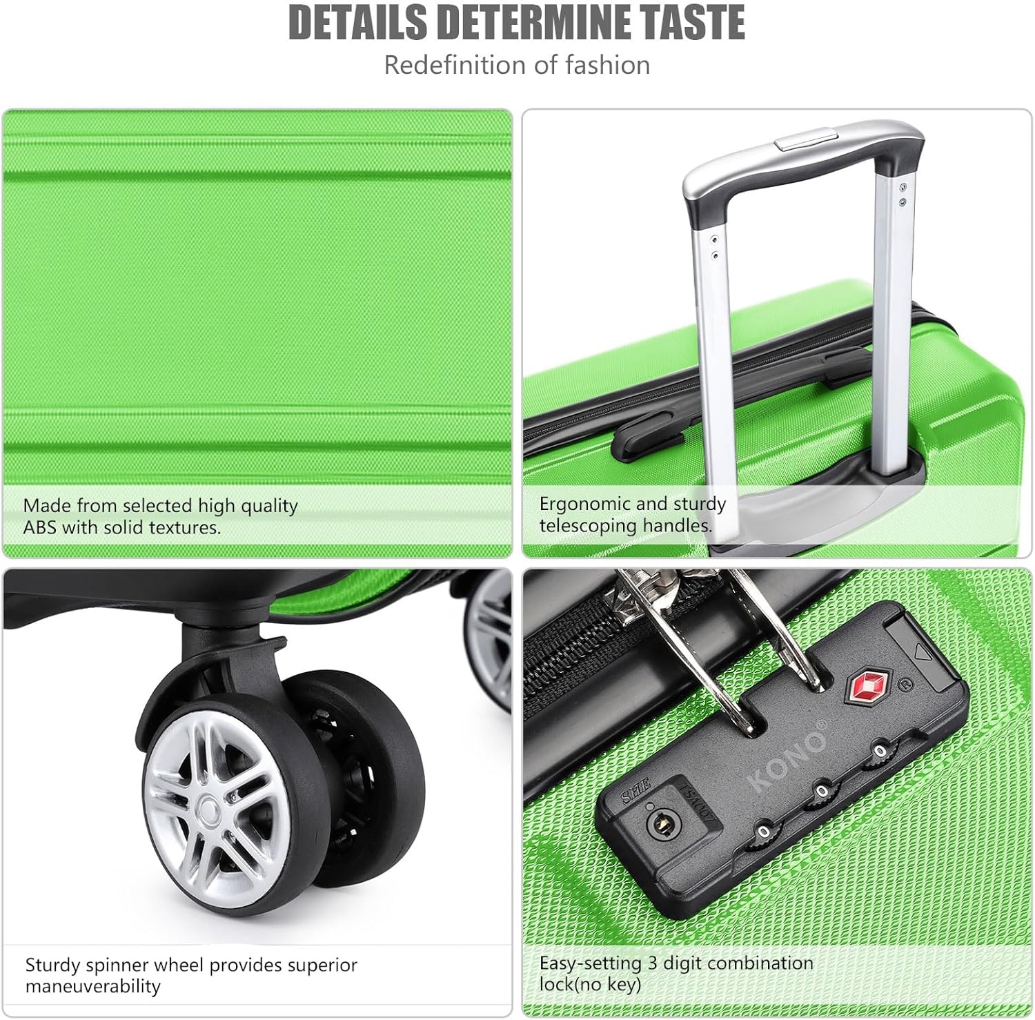 KONO Handbagage Koffer 55cm Apfelgrün met TSA-slot en zwenkwielen