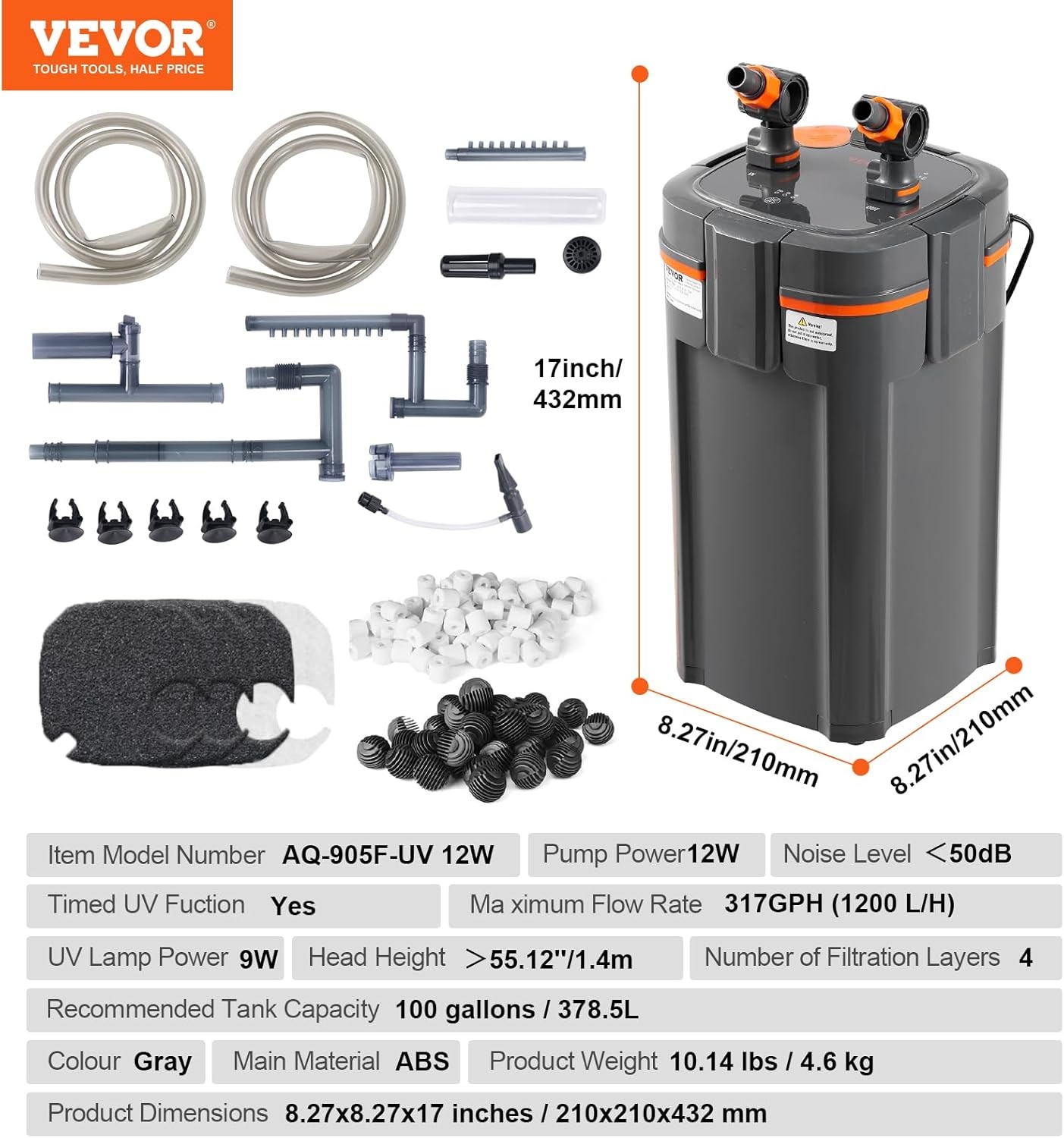 Aquarium filter 317 GPH, 12W, 4 filterlagen, UV-functie