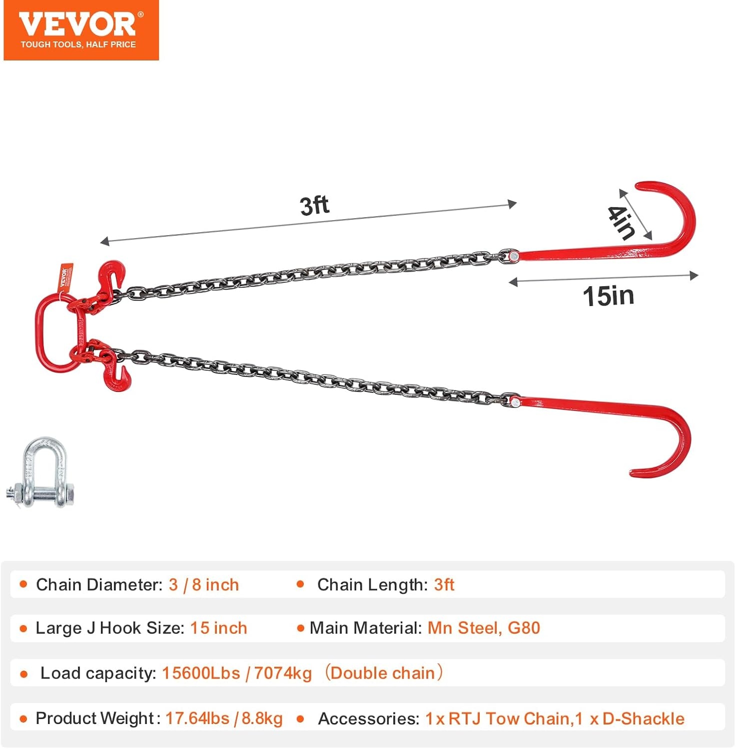 Robuuste Sleepketting V-flens G80 | 10mm x 90cm Staal | 7074 kg Draagkracht | 54% Korting