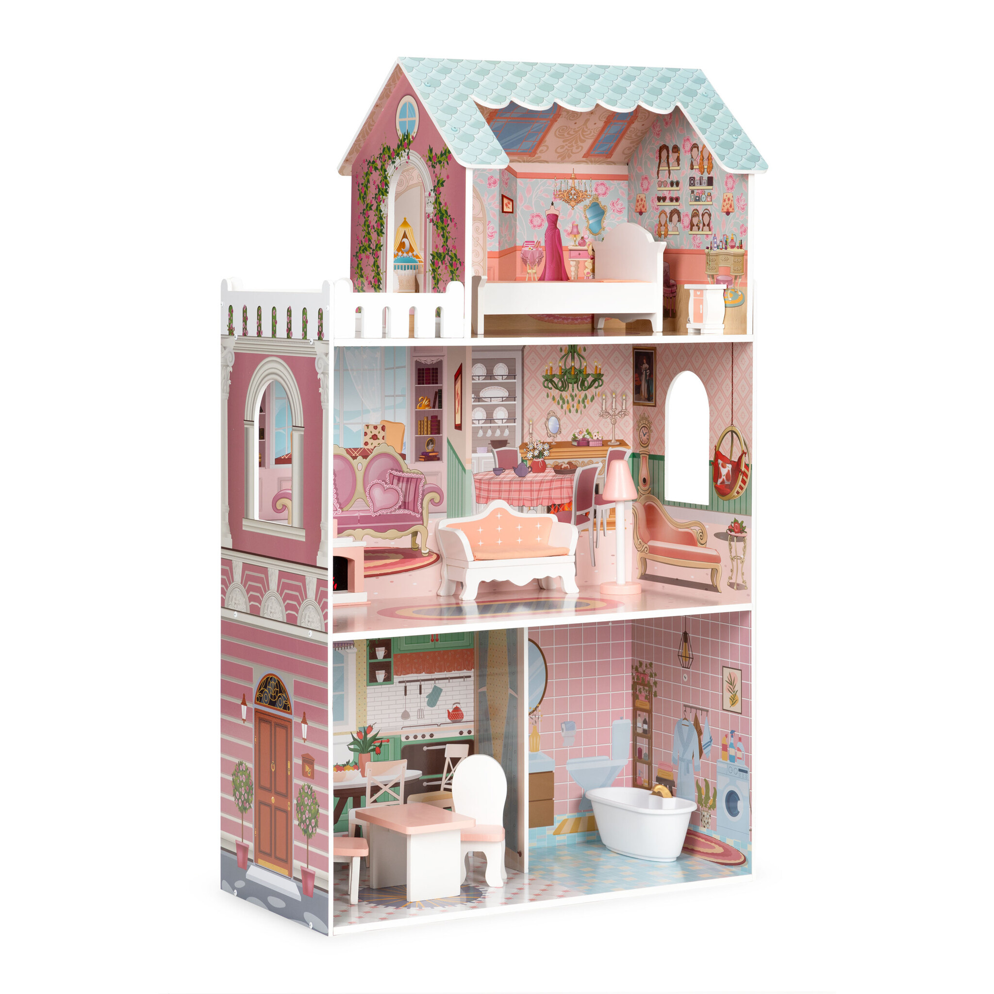 Poppenhuis - 61x30x106 cm - hout - met meubels