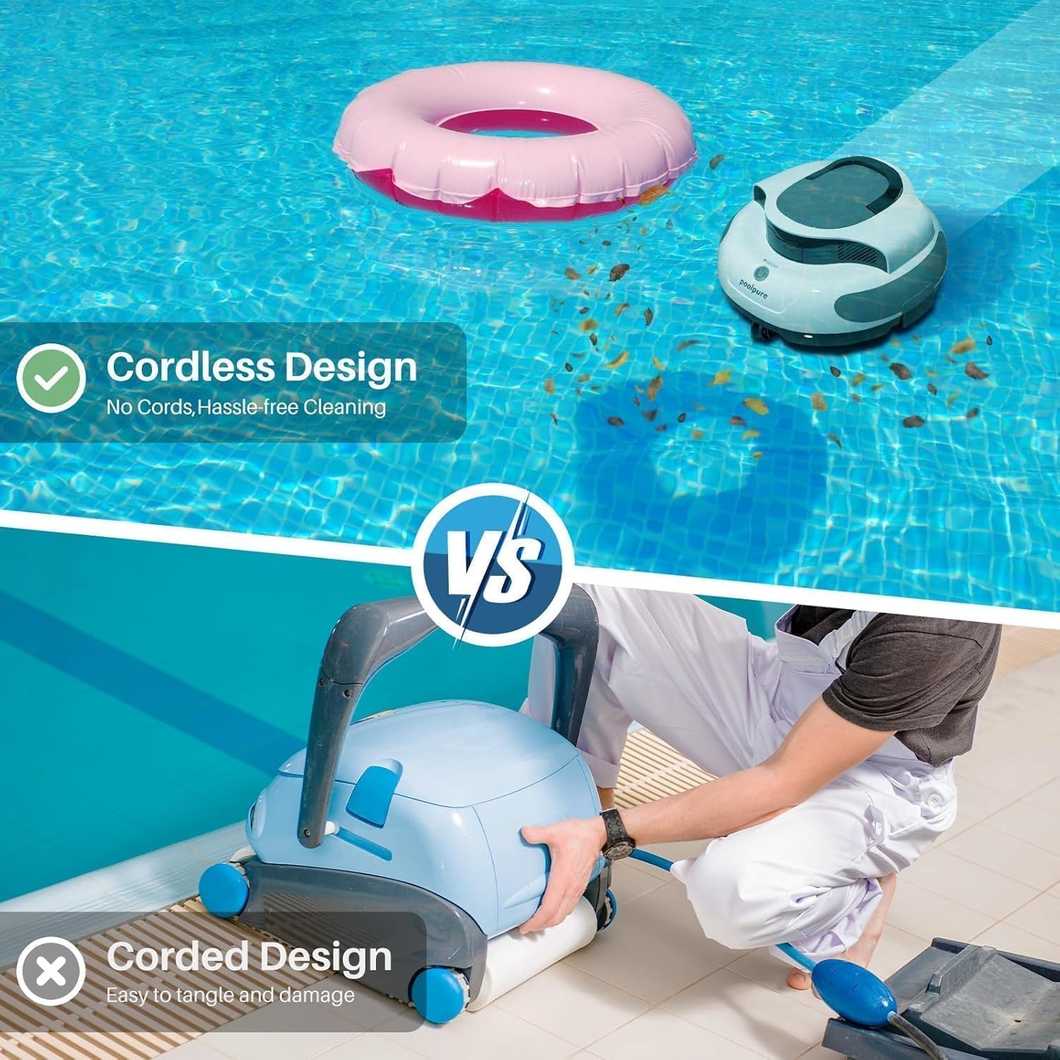 POOLPURE zwembadrobot, 5000 mAh batterij, 120 min krachtige reiniging, snoerloze zwembadstofzuigeraccu, automatisch parkeren, LED-indicatoren, IPX8 waterdicht, ideaal voor zwembaden 90 m²