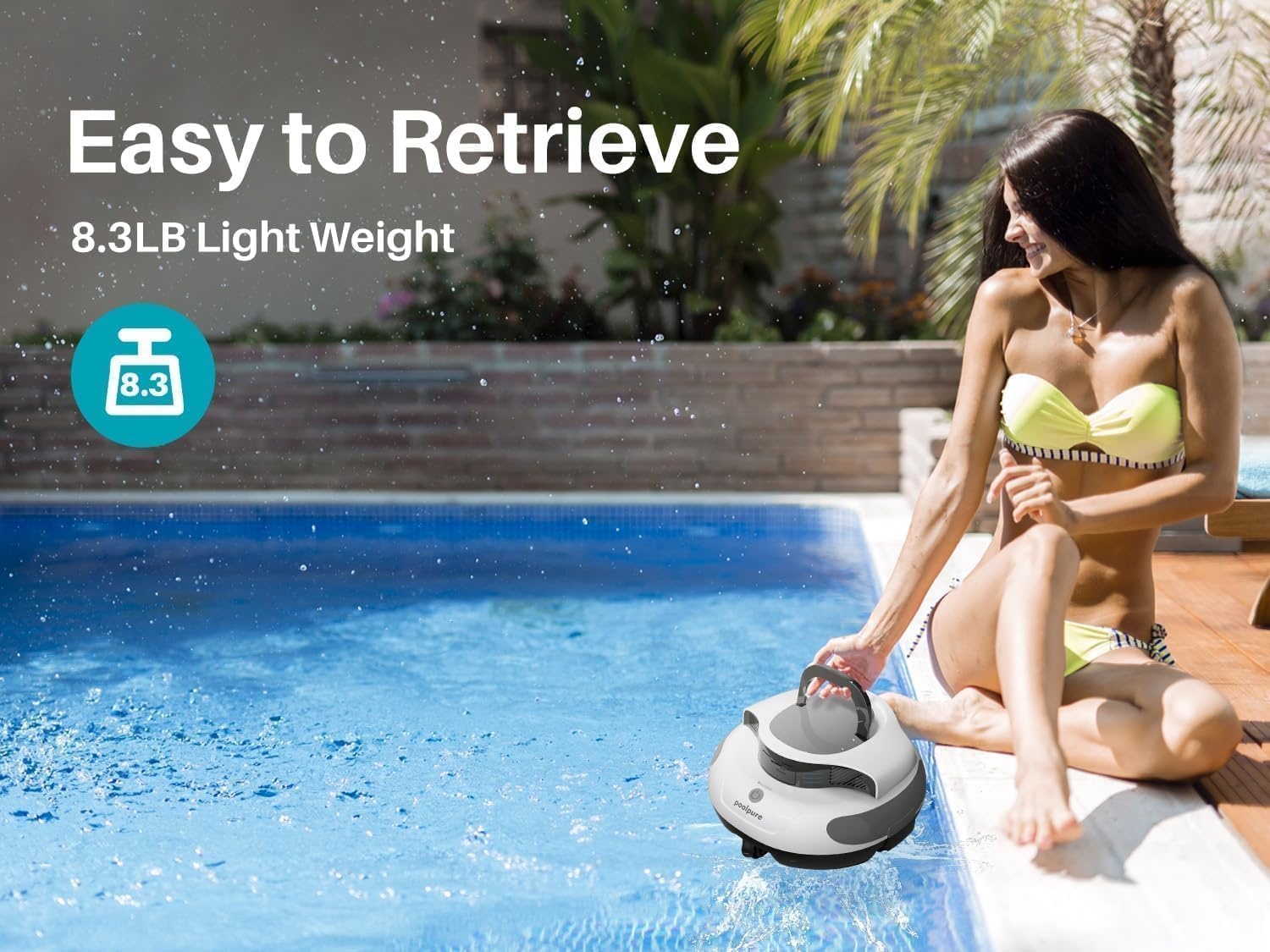 POOLPURE zwembadrobot, 5000 mAh batterij, 120 min krachtige reiniging, snoerloze zwembadstofzuigeraccu, automatisch parkeren, LED-indicatoren, IPX8 waterdicht, ideaal voor zwembaden 90 m²
