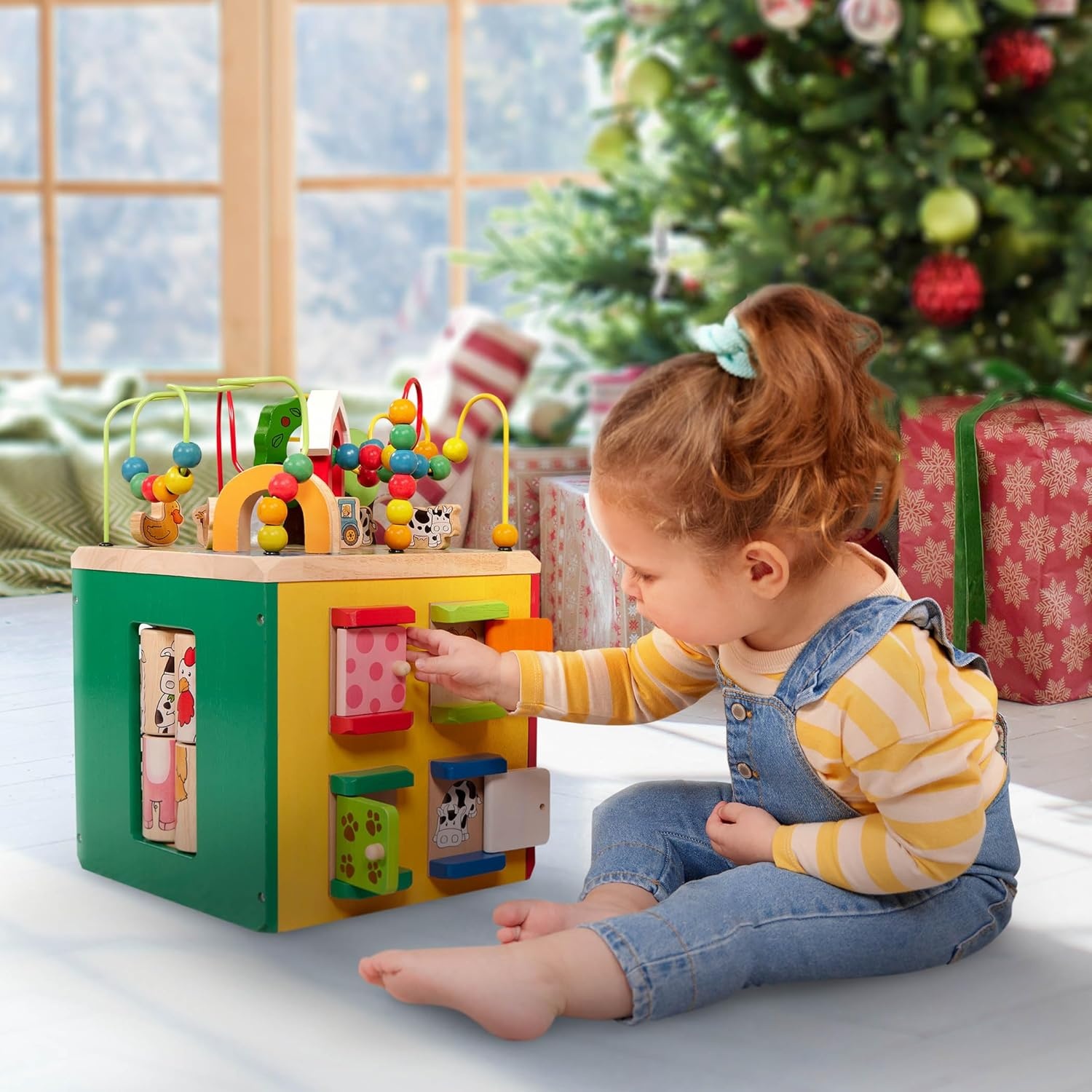 Battat BT2599C1Z Large Motor Cube, Motor Skills Toy, Motor Skills Activity Center, Animal Farm, Wooden Toy, Baby Toy from 1 Year,Multi-Colored