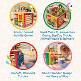 Battat BT2599C1Z Large Motor Cube, Motor Skills Toy, Motor Skills Activity Center, Animal Farm, Wooden Toy, Baby Toy from 1 Year,Multi-Colored