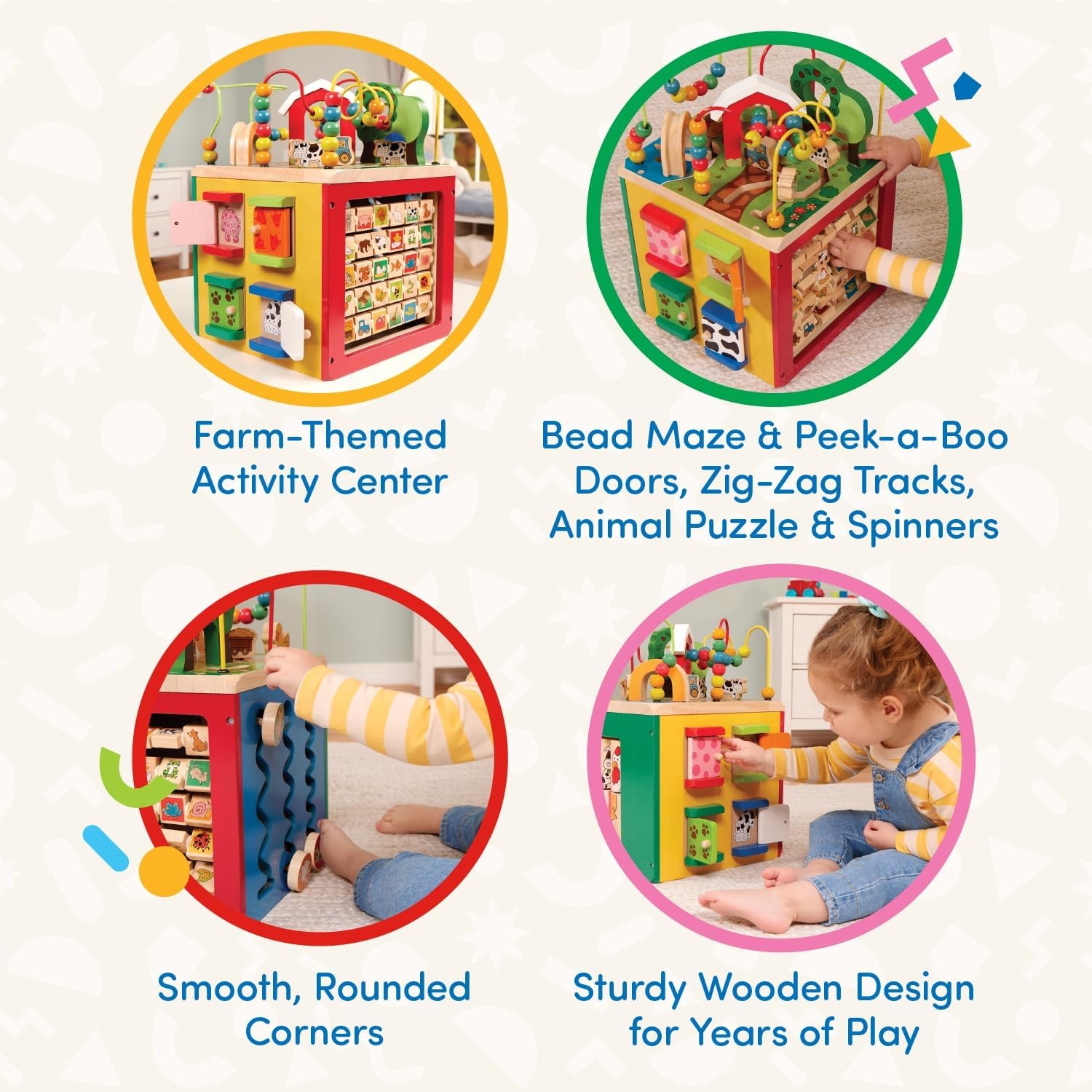 Battat BT2599C1Z Large Motor Cube, Motor Skills Toy, Motor Skills Activity Center, Animal Farm, Wooden Toy, Baby Toy from 1 Year,Multi-Colored