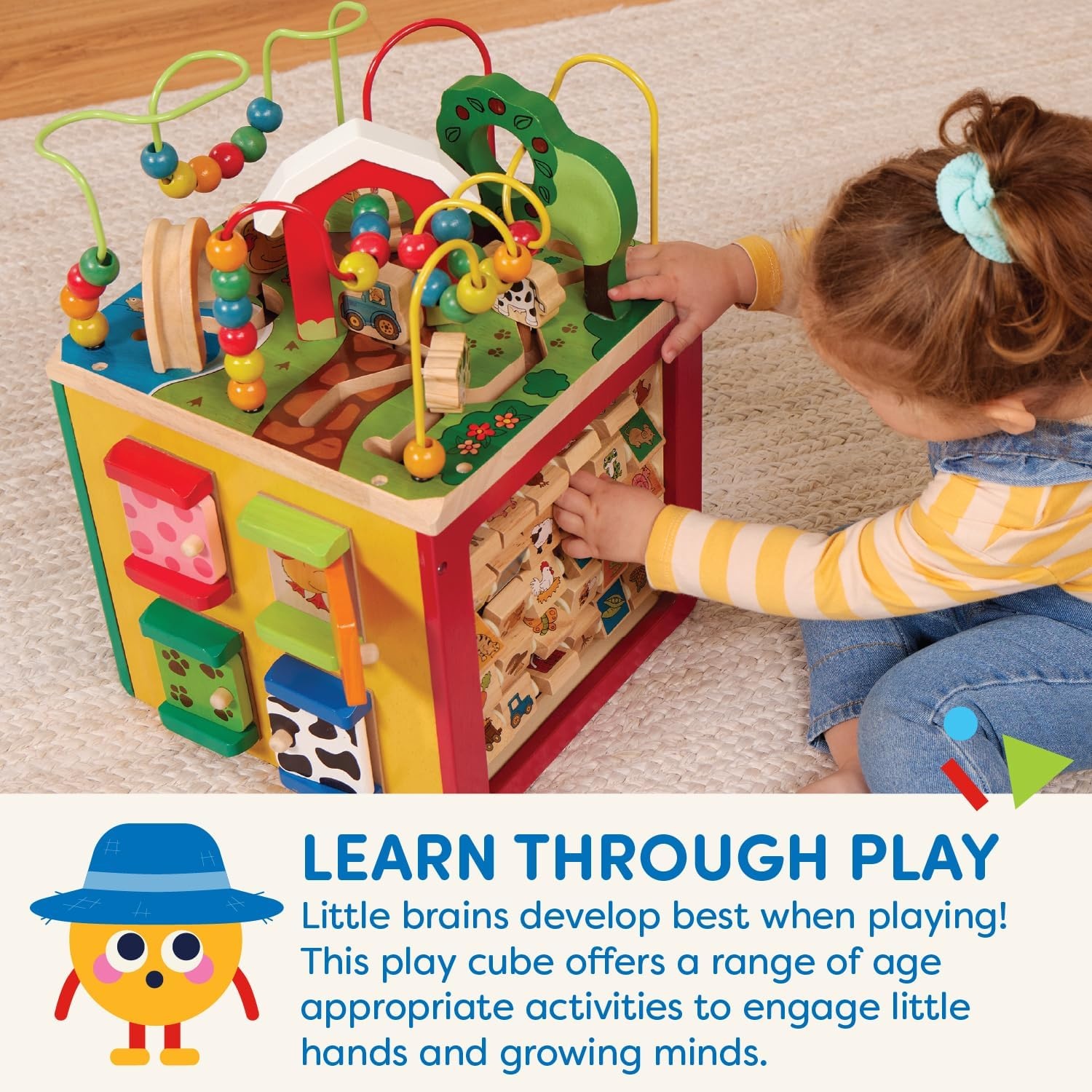Battat BT2599C1Z Large Motor Cube, Motor Skills Toy, Motor Skills Activity Center, Animal Farm, Wooden Toy, Baby Toy from 1 Year,Multi-Colored