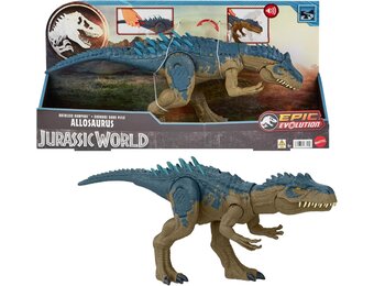 Jurassic World Ruthless Rampagin Allosaurus Dinosaur Toy, Action Figure with Continuous Chomp Attack & Roar Sounds, Button Activated Evolved Battle Spikes, HRX51