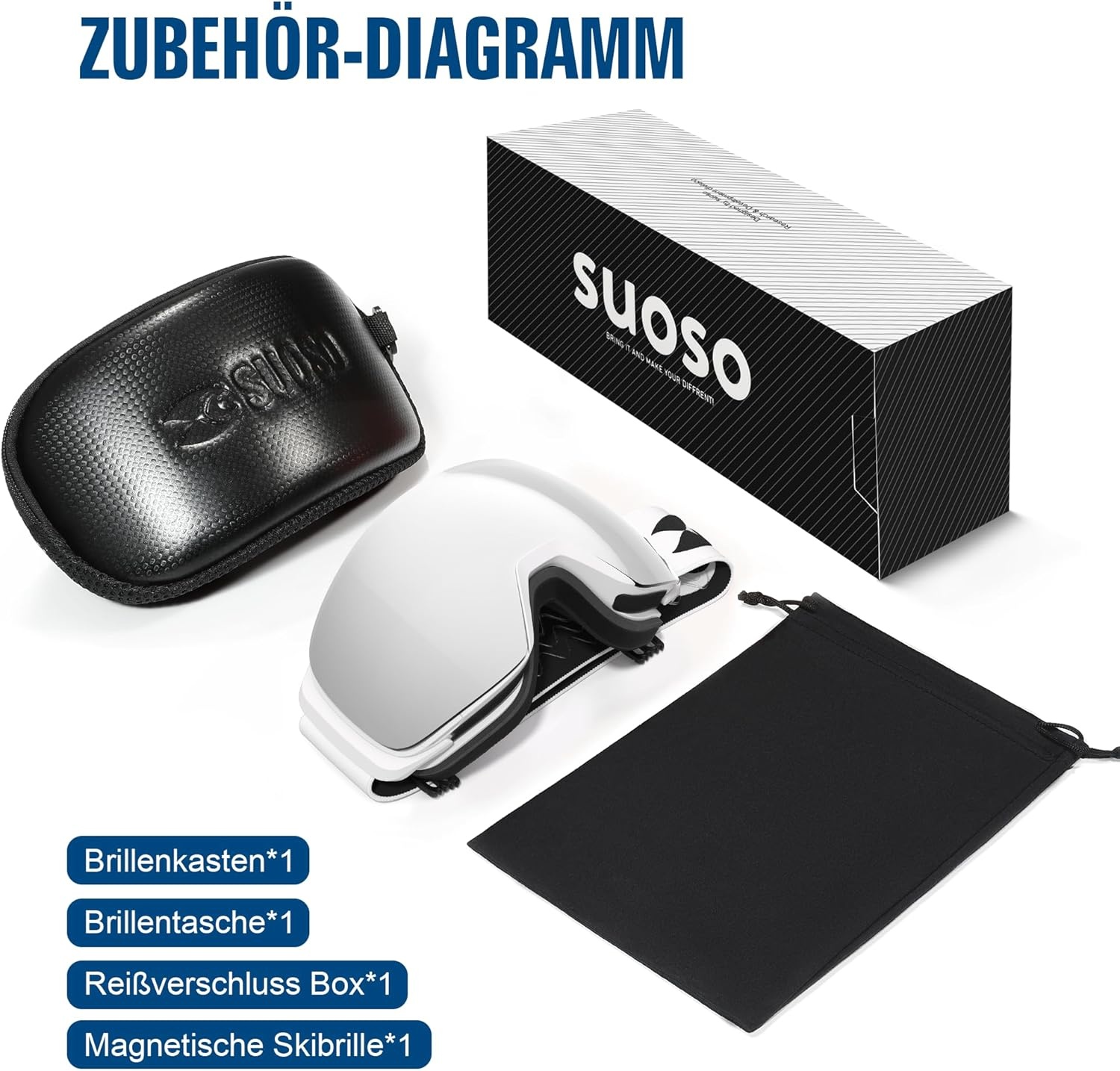 suoso OTG Skibril, uniseks, uv-bescherming, snowboardbril, brildrager, anti-condens, skibril, compatibel met helm