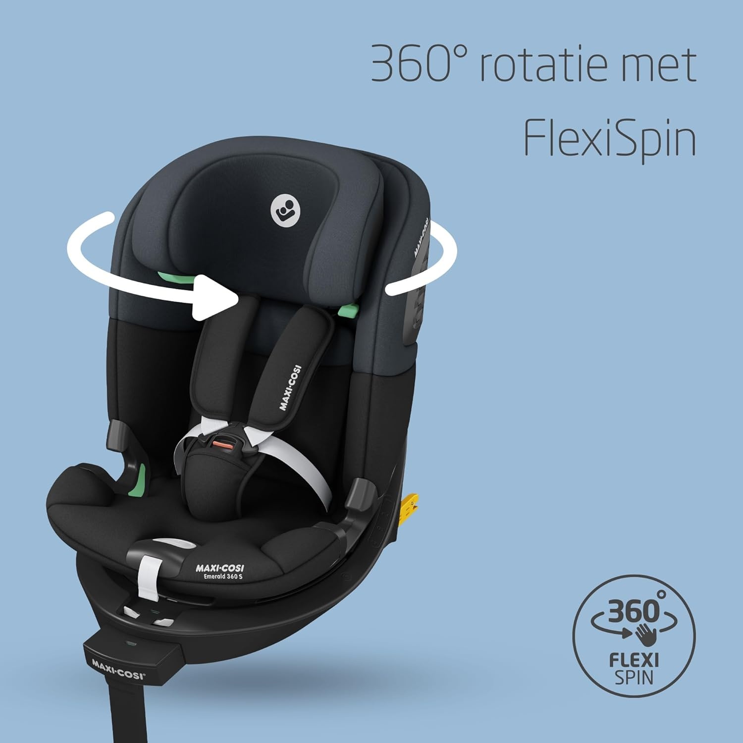 Maxi-Cosi Emerald 360 S i-Size, 360 draaibare autostoel, 0-12 j (40-150 cm), baby & peuter autostoel, 360° FlexiSpin-rotatie, 4 ligstanden, G-CELL-bescherming bij zijdelingse botsing, Tonal Black