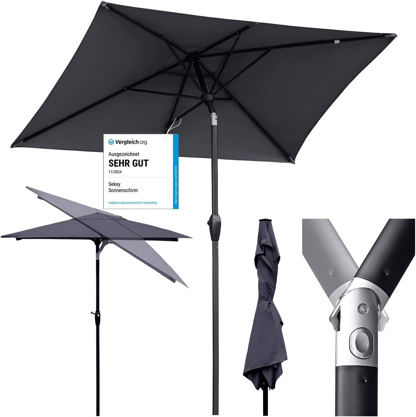 Sekey Aluminium tuinparasol, uv-bescherming 50+, rechthoekig, grijs, 210 × 140 cm, rechthoekige parasol, grijs., 210 × 140 cm, Rechthoekige parasol