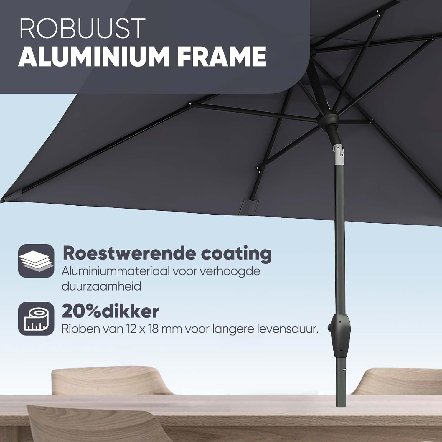 Sekey Aluminium tuinparasol, uv-bescherming 50+, rechthoekig, grijs, 210 × 140 cm, rechthoekige parasol, grijs., 210 × 140 cm, Rechthoekige parasol