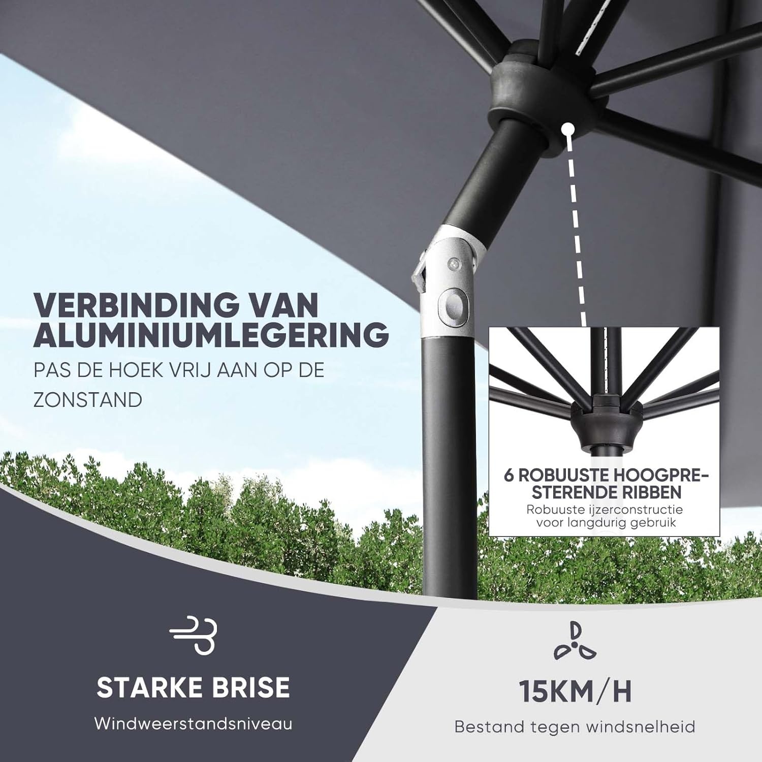 Sekey Aluminium tuinparasol, uv-bescherming 50+, rechthoekig, grijs, 210 × 140 cm, rechthoekige parasol, grijs., 210 × 140 cm, Rechthoekige parasol