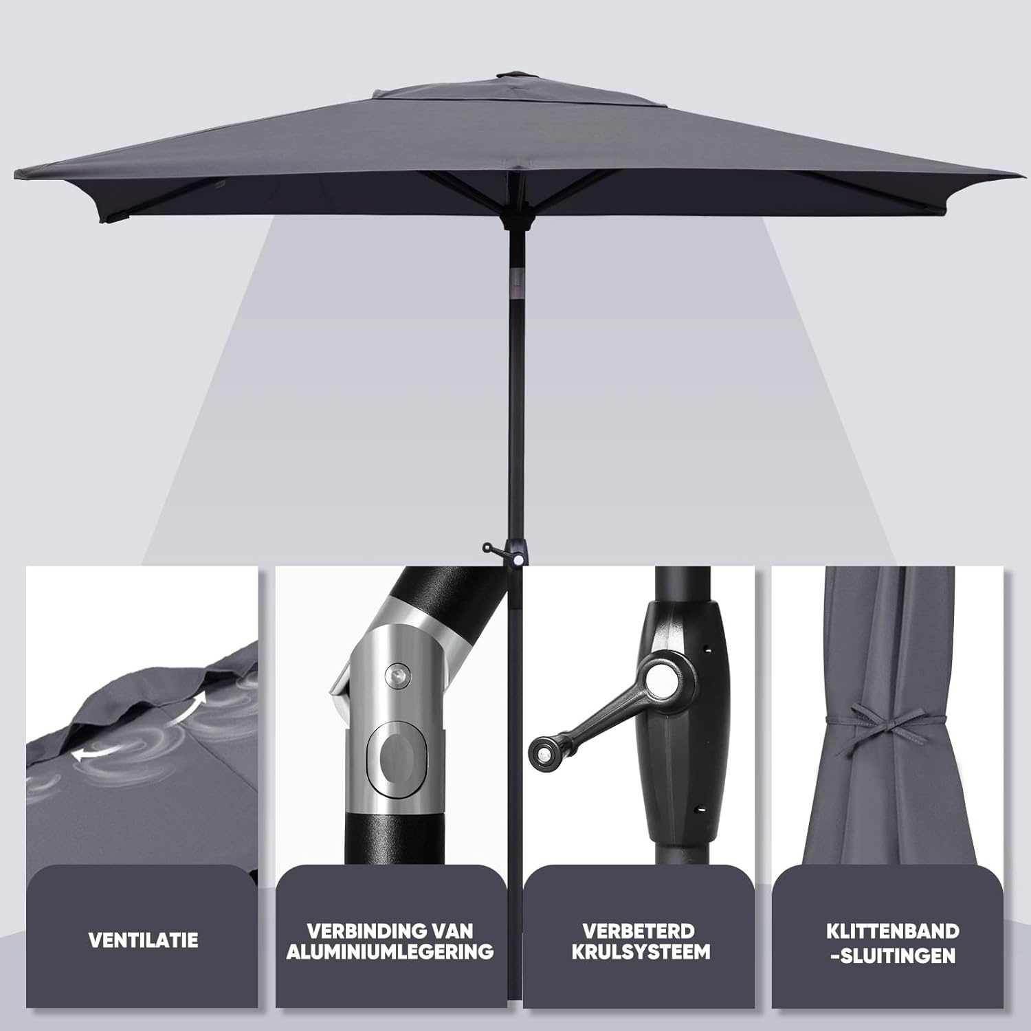 Sekey Aluminium tuinparasol, uv-bescherming 50+, rechthoekig, grijs, 210 × 140 cm, rechthoekige parasol, grijs., 210 × 140 cm, Rechthoekige parasol