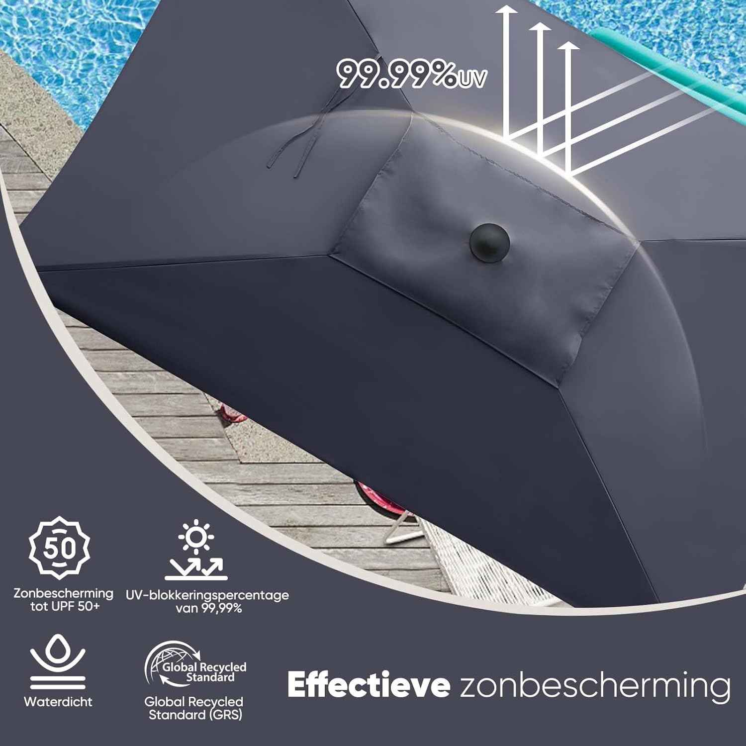 Sekey Aluminium tuinparasol, uv-bescherming 50+, rechthoekig, grijs, 210 × 140 cm, rechthoekige parasol, grijs., 210 × 140 cm, Rechthoekige parasol
