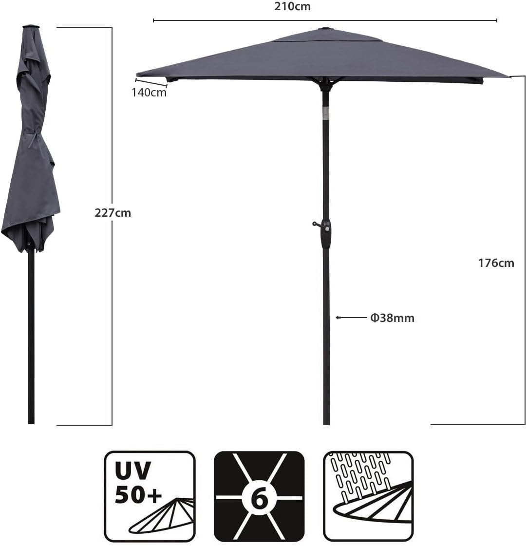 Sekey Aluminium tuinparasol, uv-bescherming 50+, rechthoekig, grijs, 210 × 140 cm, rechthoekige parasol, grijs., 210 × 140 cm, Rechthoekige parasol