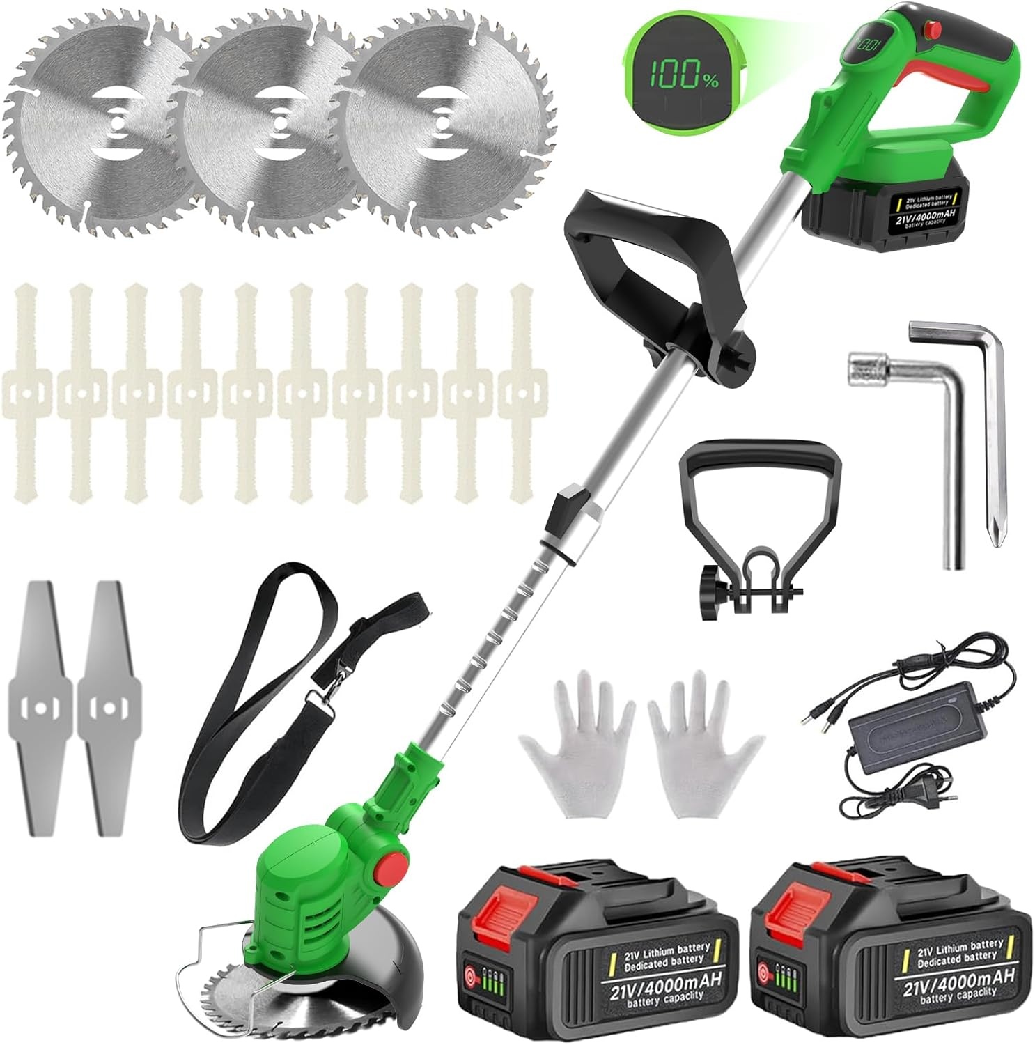 Draadloze Grasmaaier met 2x 21V 4.0Ah Accu's en 3 Bladen - 3-in-1 Telescopische Bosmaaier