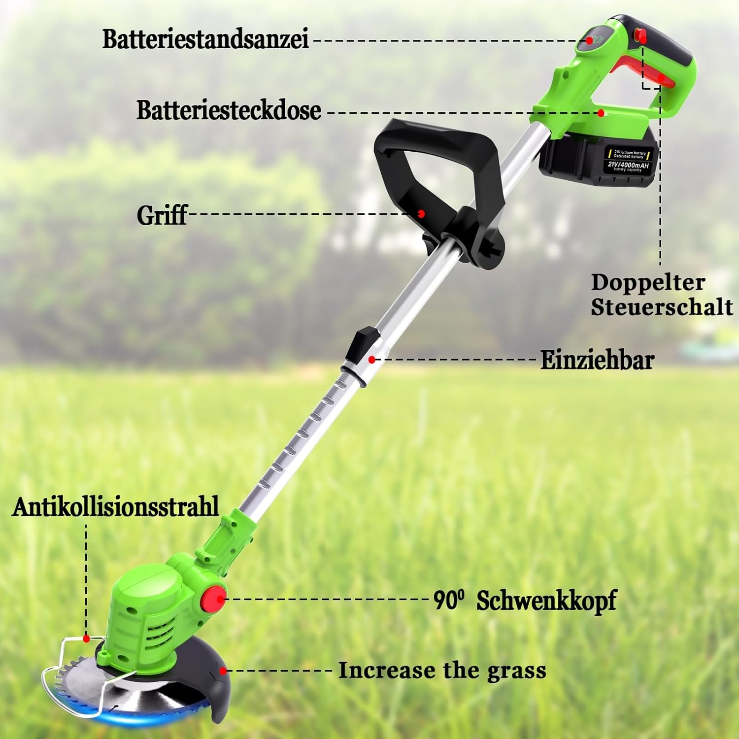 Draadloze Grasmaaier met 2x 21V 4.0Ah Accu's en 3 Bladen - 3-in-1 Telescopische Bosmaaier