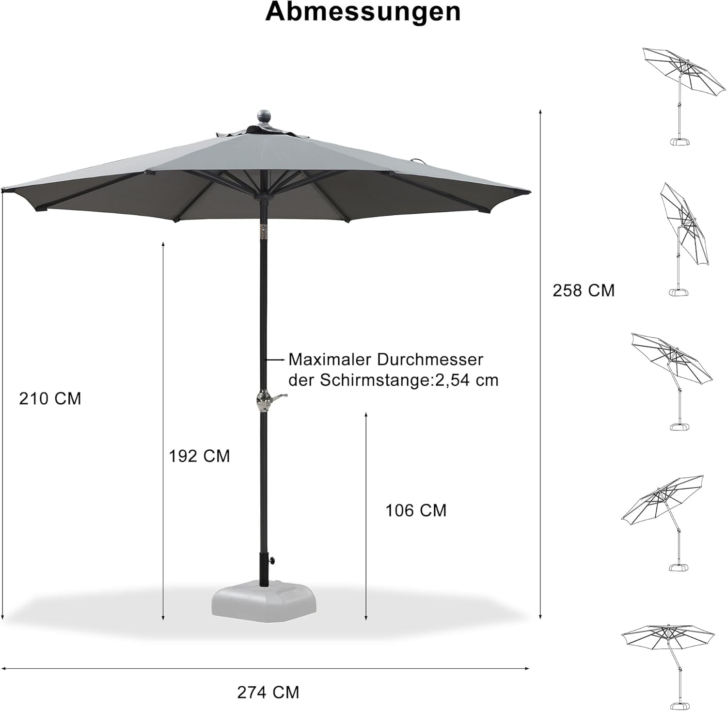PURPLE LEAF Parasol 270 cm rond, zweefparasol met zwengel, kantelbare parasol, sterke uv-bescherming, voor balkon, tuin en terras, grijs