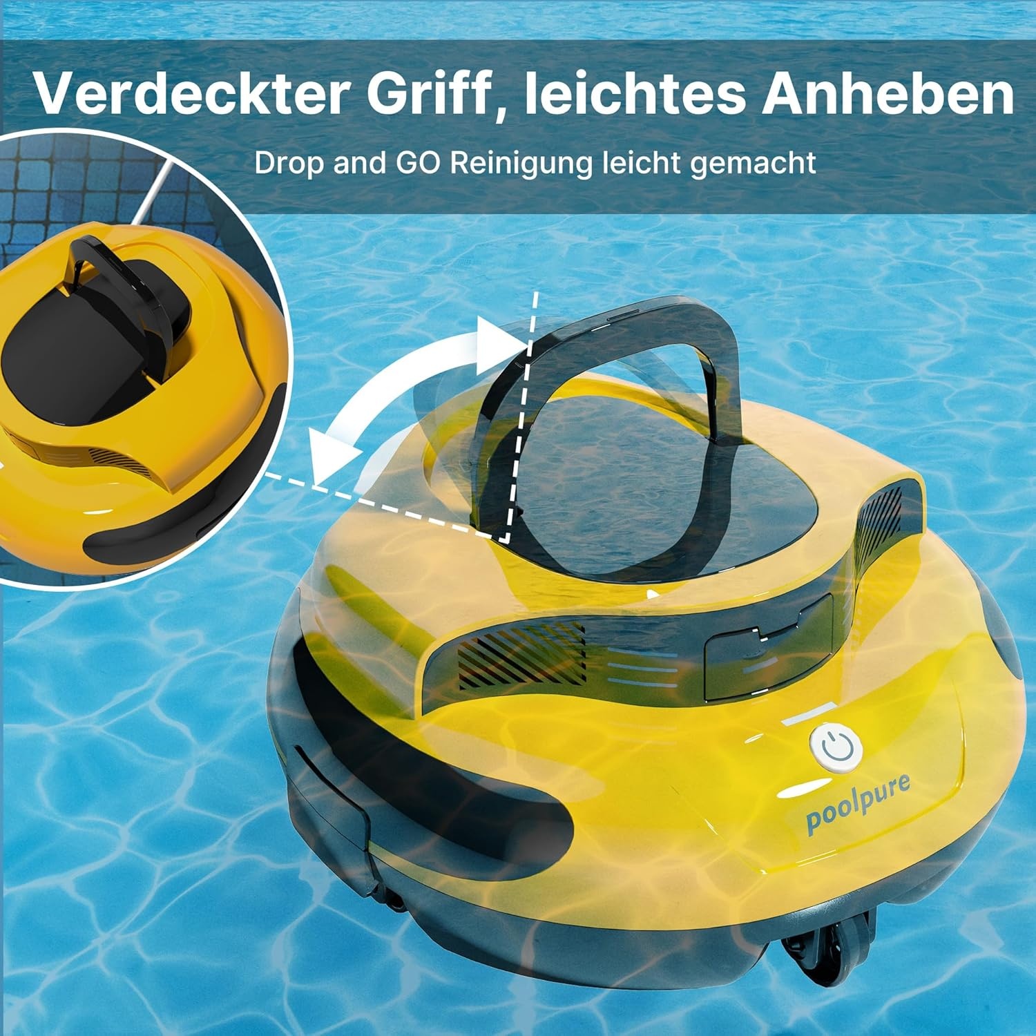 POOLPURE Zwembadrobot, 55 Wh-120 minuten reinigingstijd, dubbele motor, led-indicatoren, zelfparkeerfunctie, IPX8 waterdicht, draadloze zwembadstofzuiger accu, geel